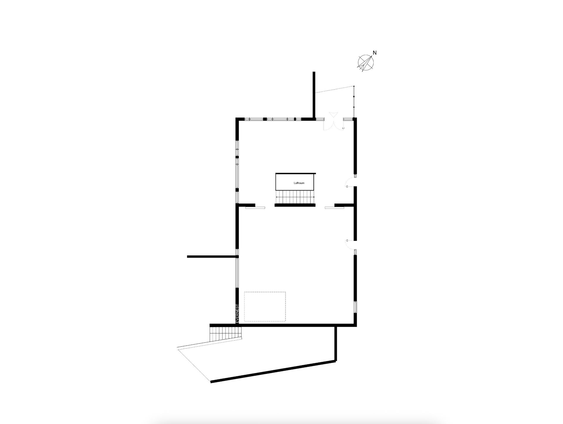 Schwarz-weißer Grundriss eines Wohnhauses mit mehreren Räumen und einer Treppe.