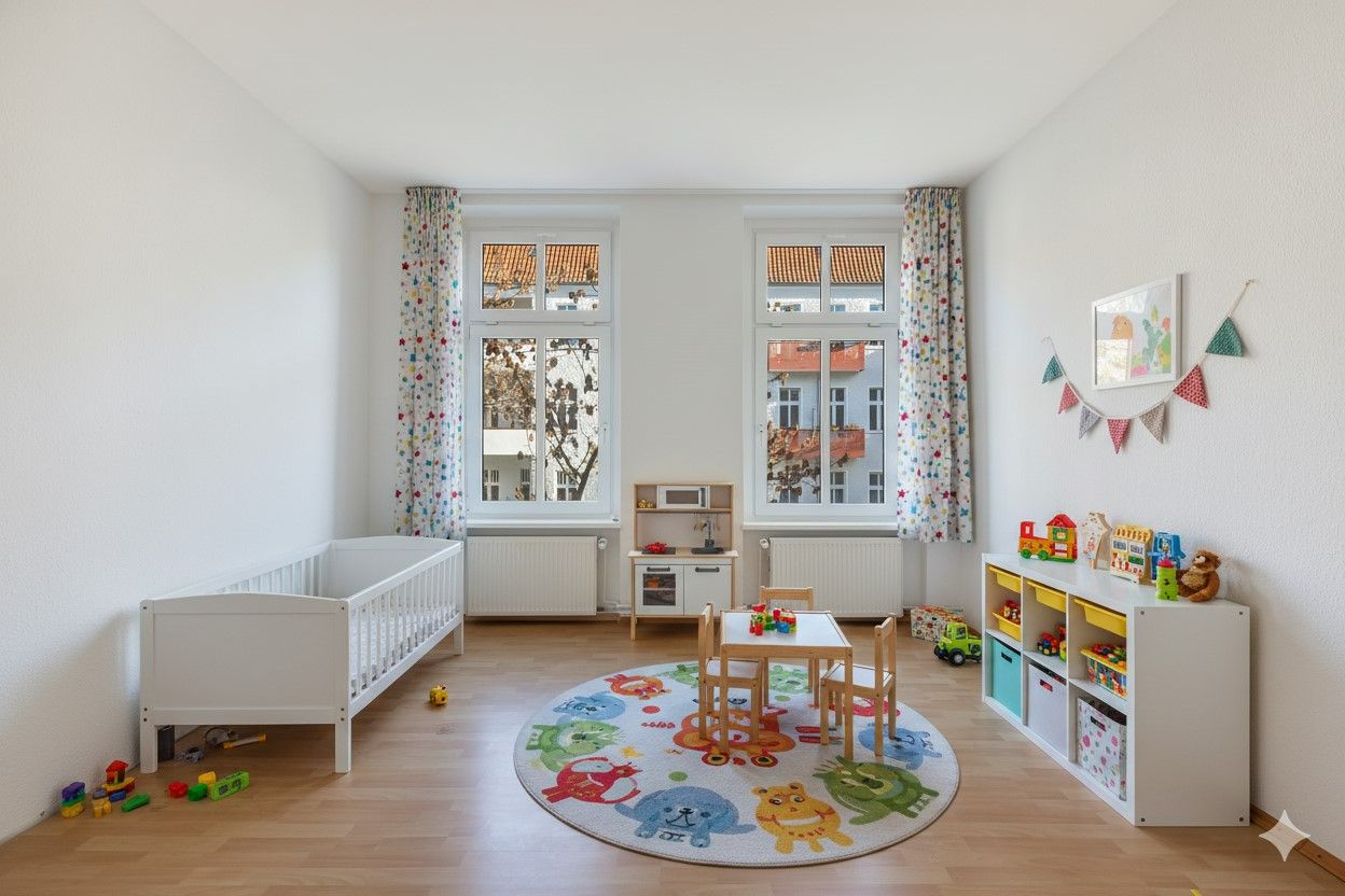 Helles Kinderzimmer mit Bett, kleinem Tisch, Spielzeugregal und buntem Teppich.