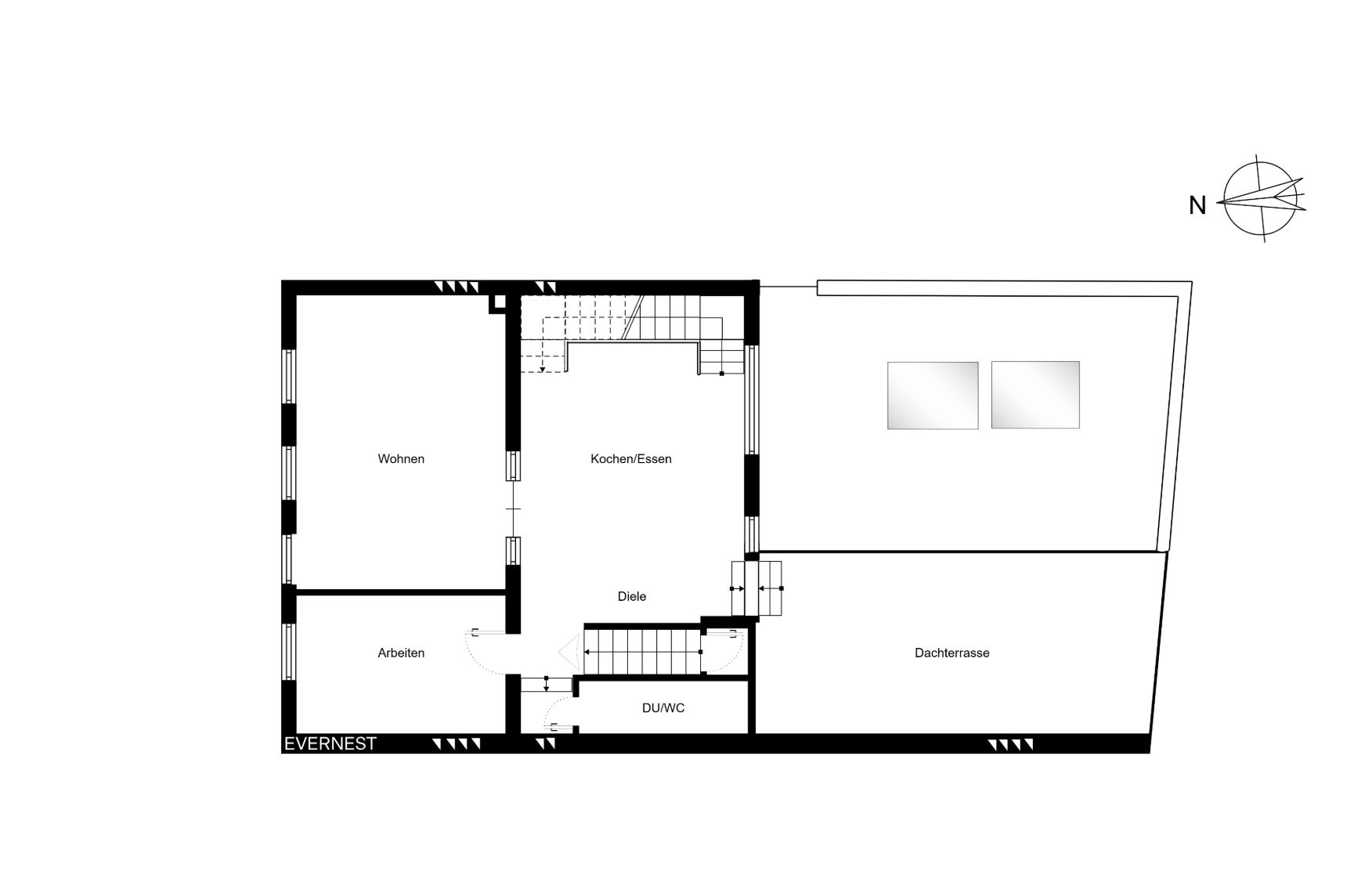 Grundriss einer Wohnung mit Wohnzimmer, Arbeitszimmer, Küche/Essbereich, WC und Dachterrasse.