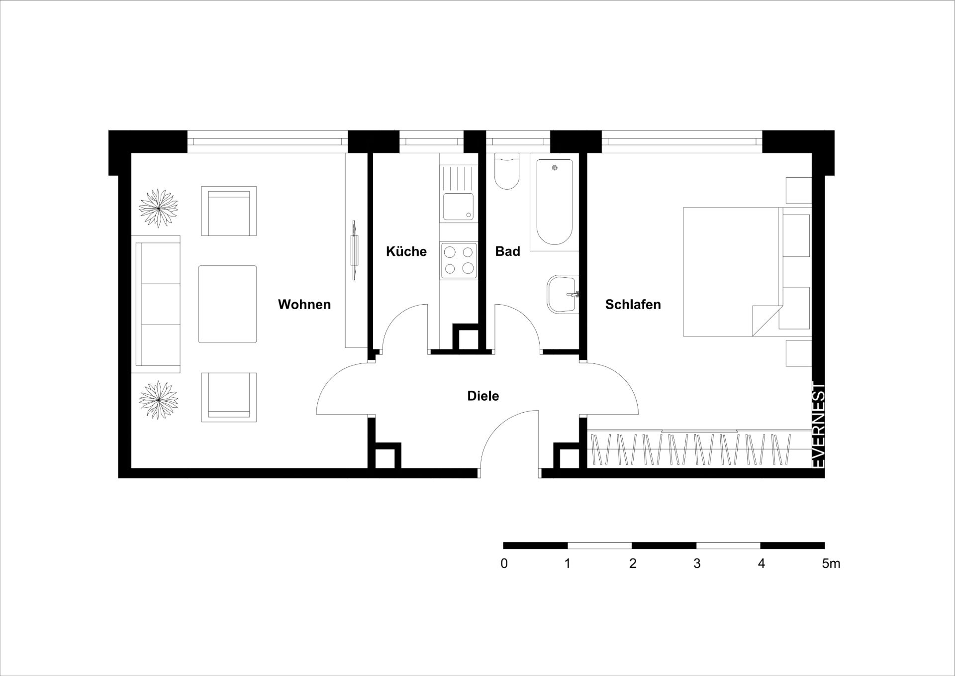 Grundriss einer Wohnung mit Wohnzimmer, Küche, Bad, Schlafzimmer und Diele.