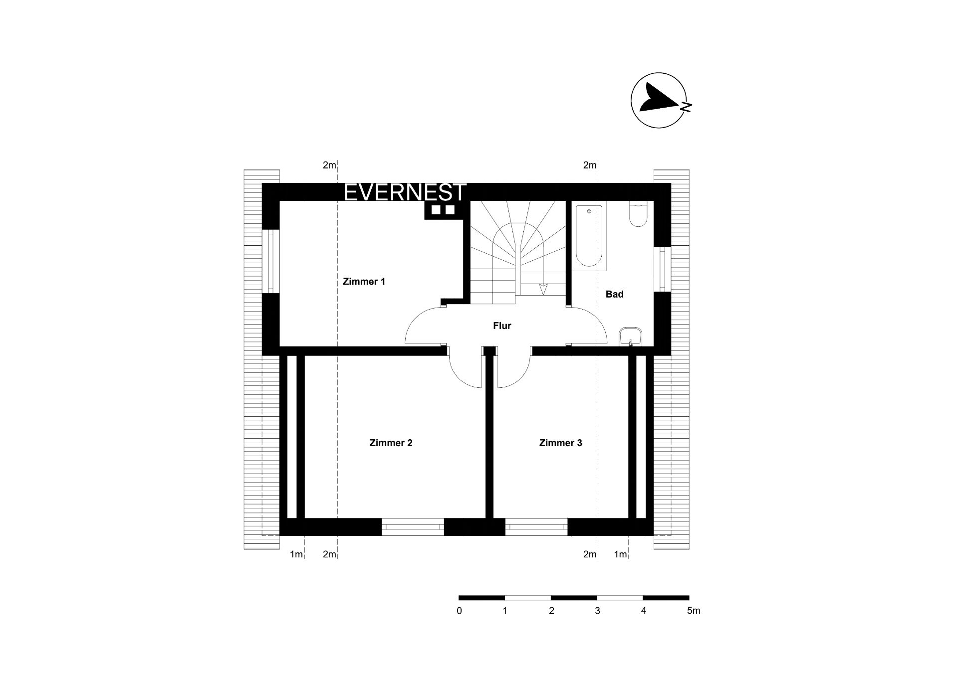 Grundriss mit drei Zimmern, Flur und Bad, Treppe in der Mitte.