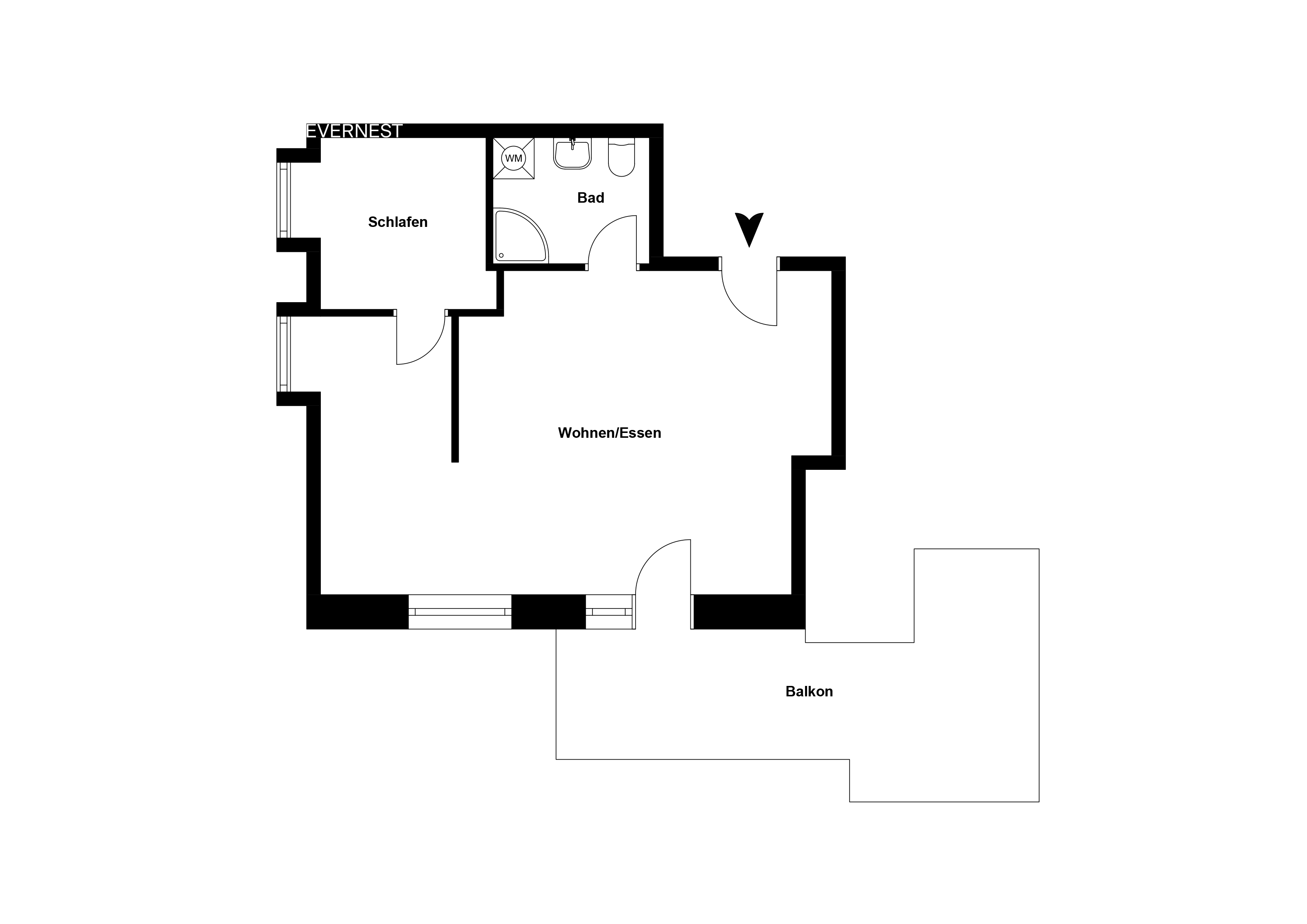 Grundriss einer Wohnung mit Schlafraum, Bad, Wohn-/Essbereich und großem Balkon.