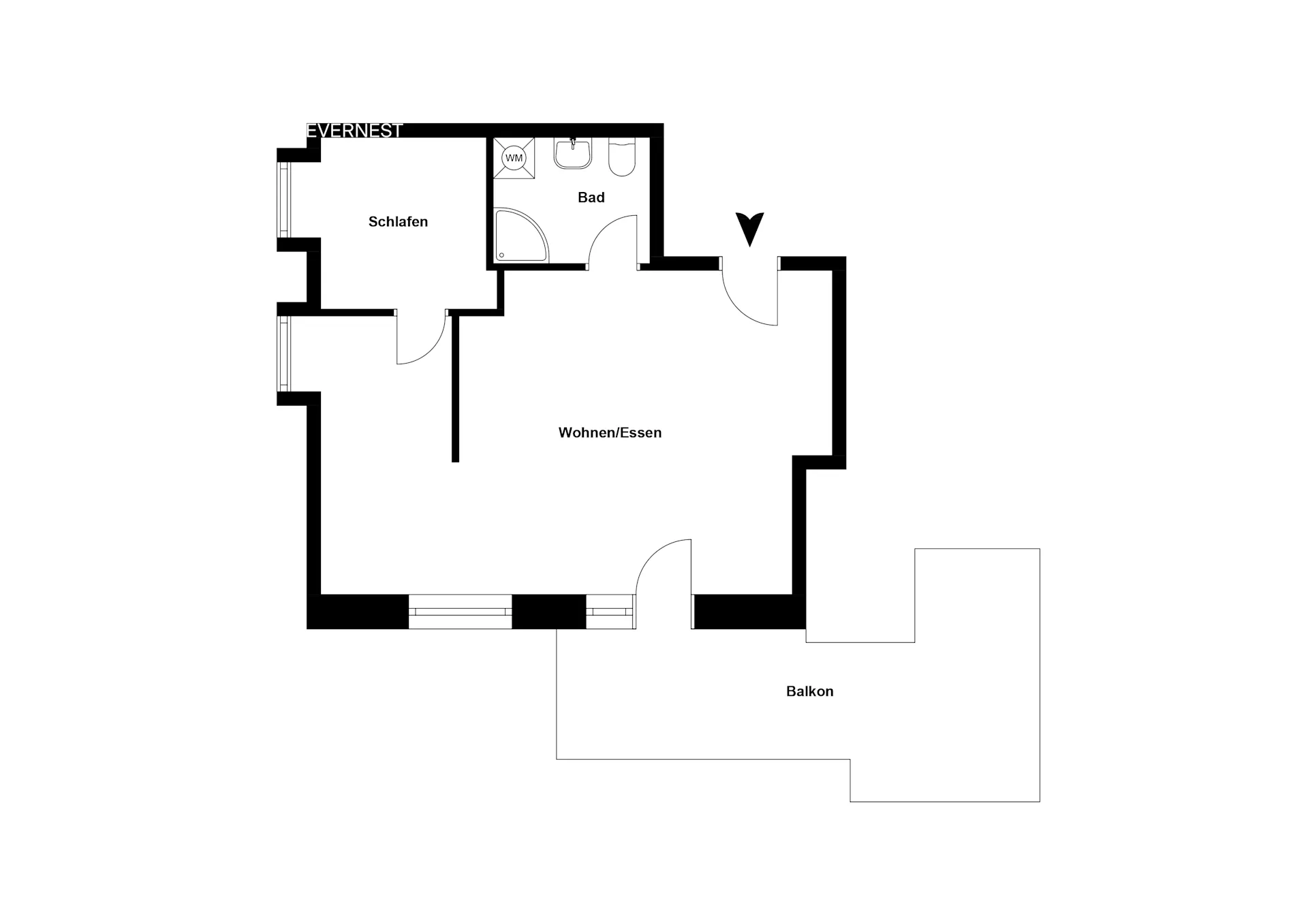Grundriss einer Wohnung mit Schlafraum, Bad, Wohn-/Essbereich und großem Balkon.