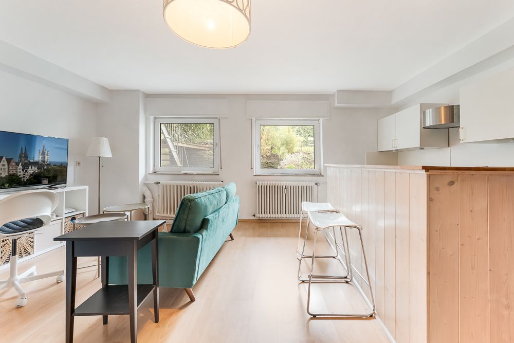 Heller Wohnraum mit Sofa, Fernseher, Schreibtisch und offener Küche mit zwei Fenstern.