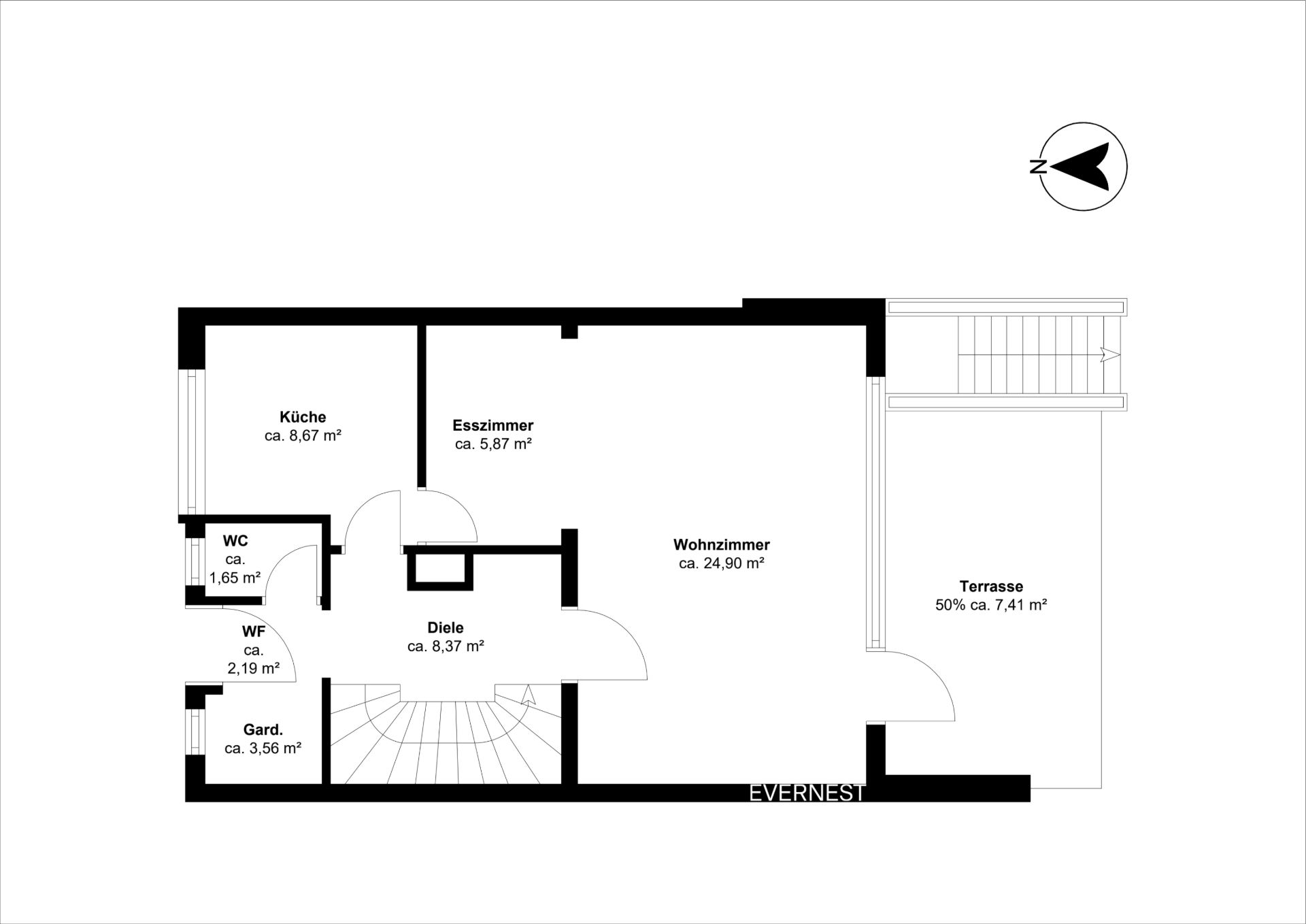 Grundriss einer Wohnung mit Küche, Esszimmer, Wohnzimmer, WC, Diele, Garderobe und Terrasse.