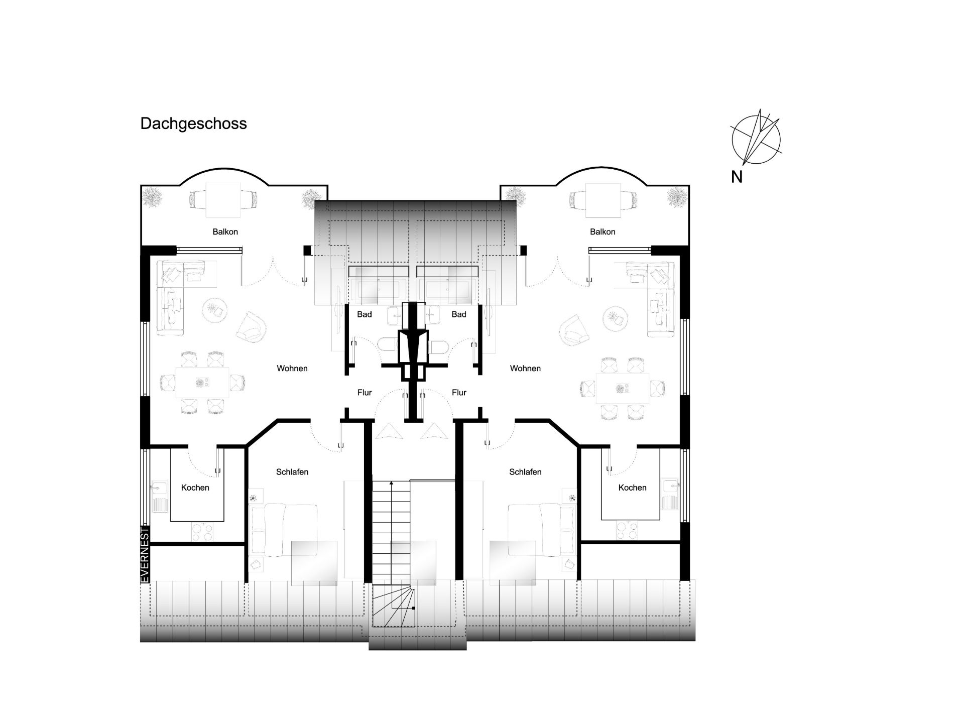 Grundriss des Dachgeschosses mit zwei Wohnungen, jeweils mit Balkon, Wohnzimmer, Küche, Bad und Schlafzimmer.