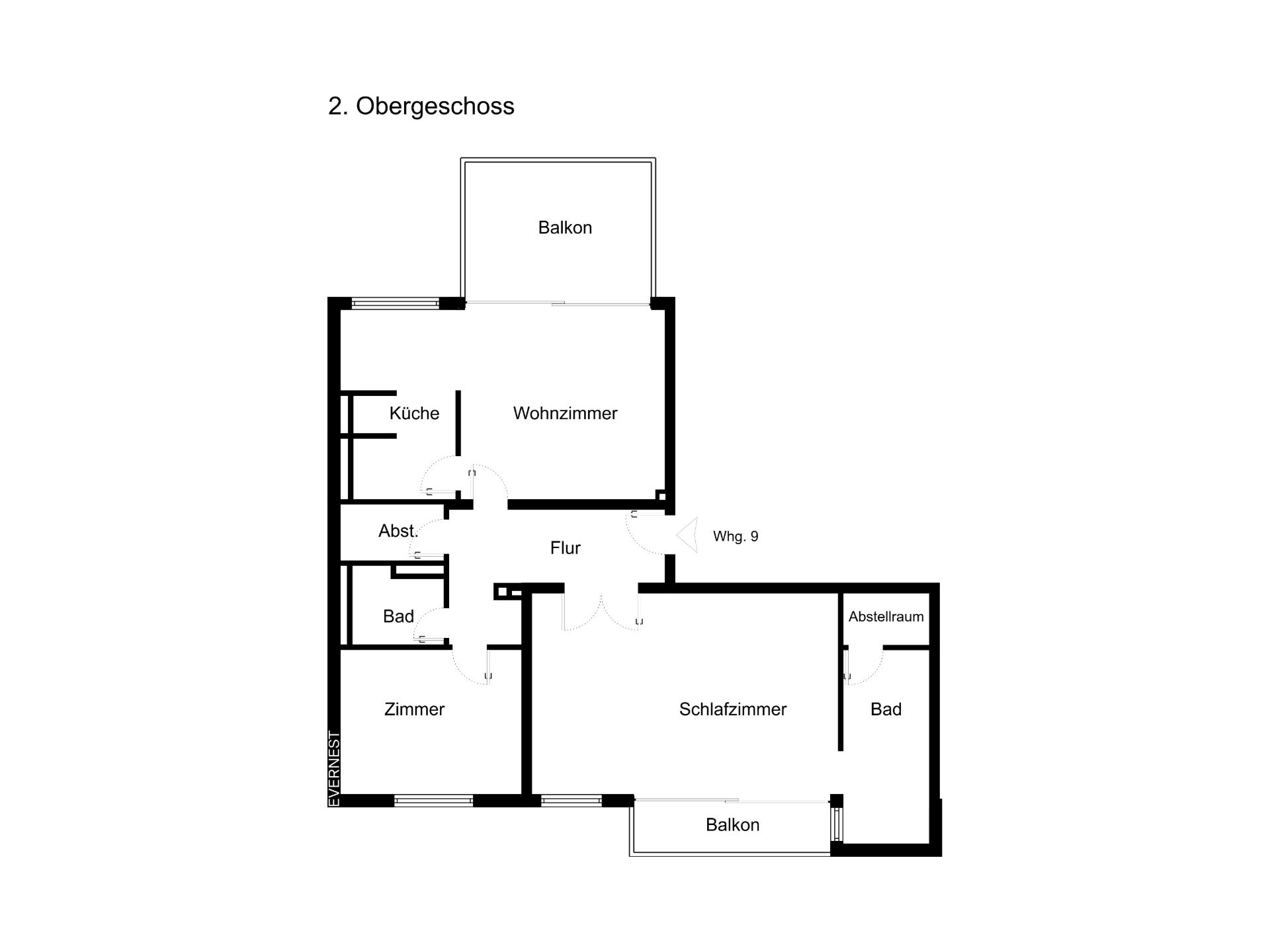Grundriss einer Wohnung mit Wohnzimmer, Schlafzimmer, Küche, zwei Bädern, zwei Balkonen und Flur.