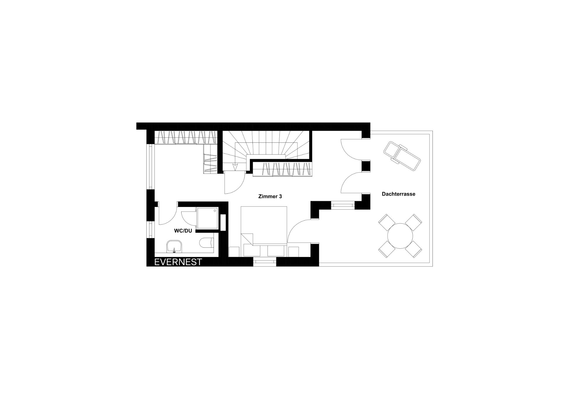 Grundriss mit Zimmer, Bad und großer Dachterrasse mit Tisch und Liege.