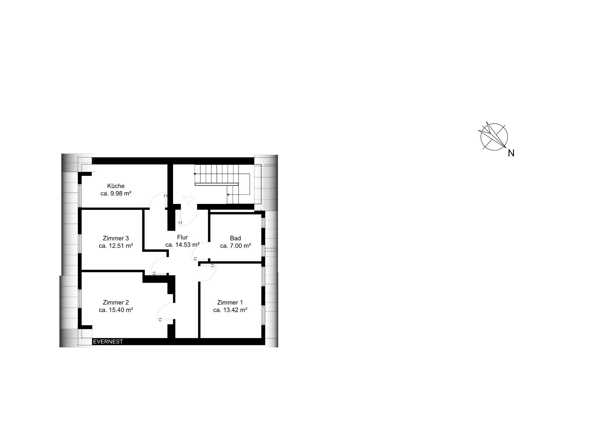 Grundriss einer Wohnung mit Küche, Flur, Bad und drei Zimmern.