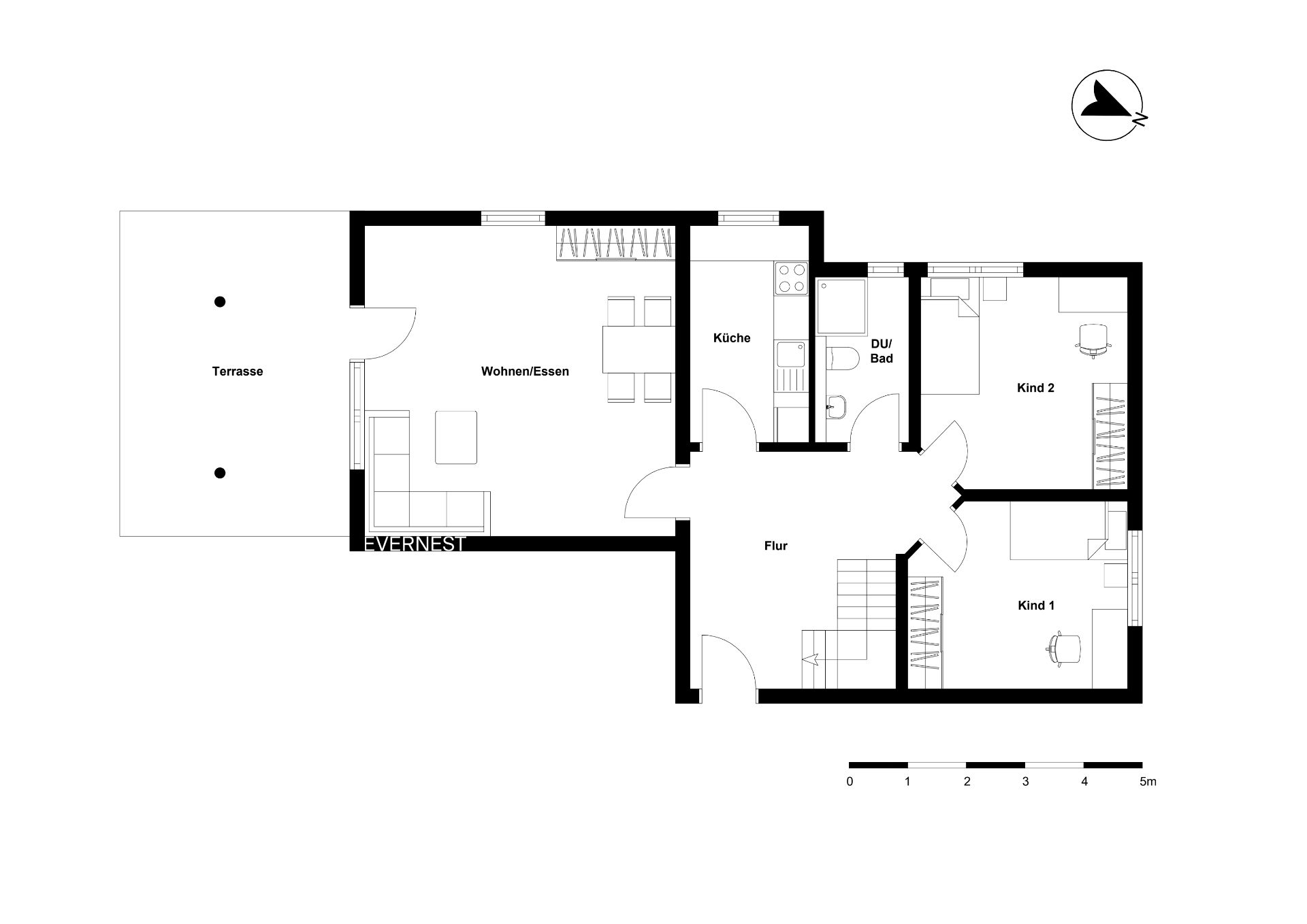 Grundriss einer Wohnung mit Terrasse, Wohnzimmer, Küche, Bad, Flur und zwei Kinderzimmern.