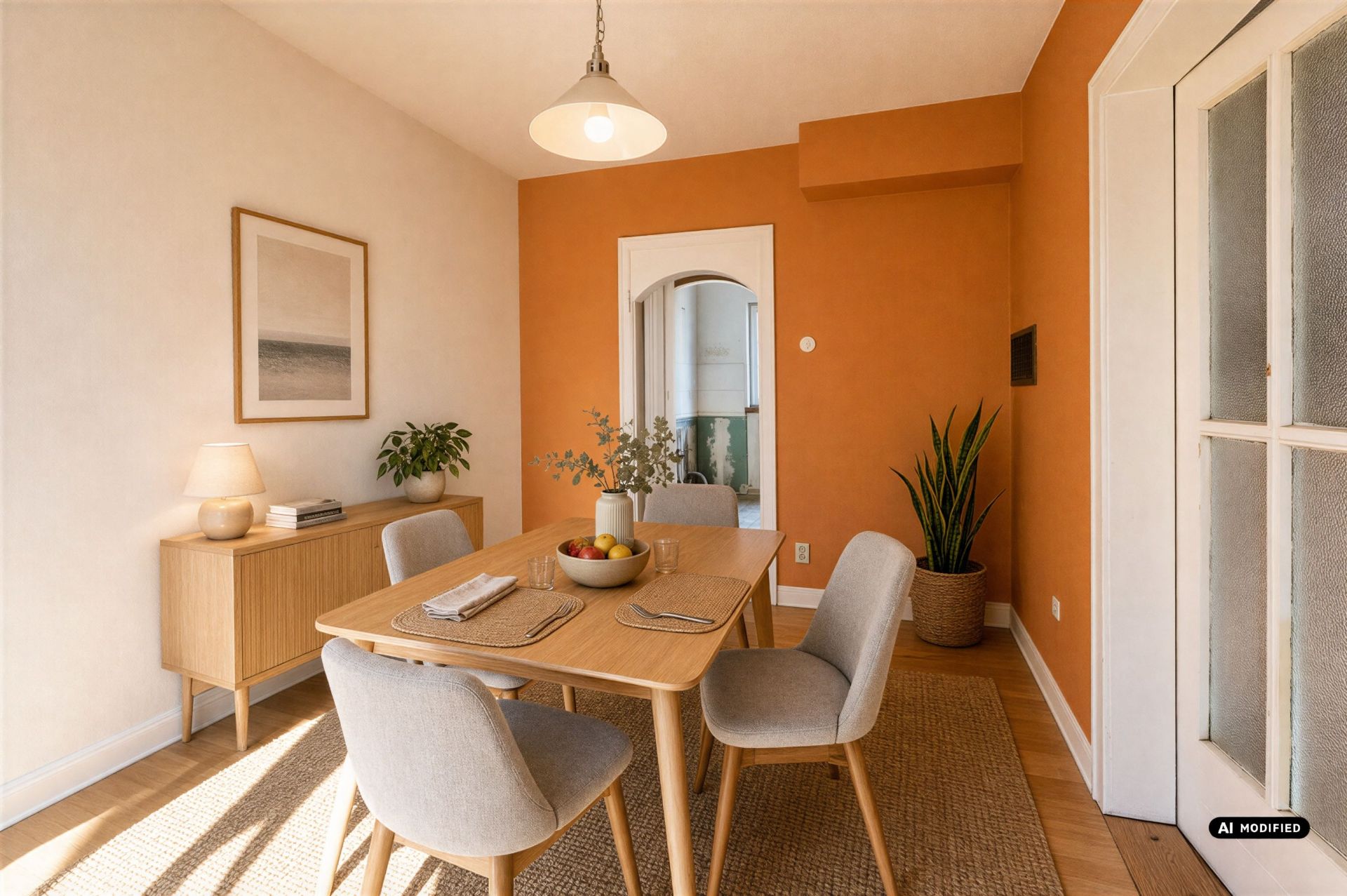 Esszimmer mit Holztisch, vier Stühlen, orangefarbener Wand, Sideboard und Zimmerpflanzen.