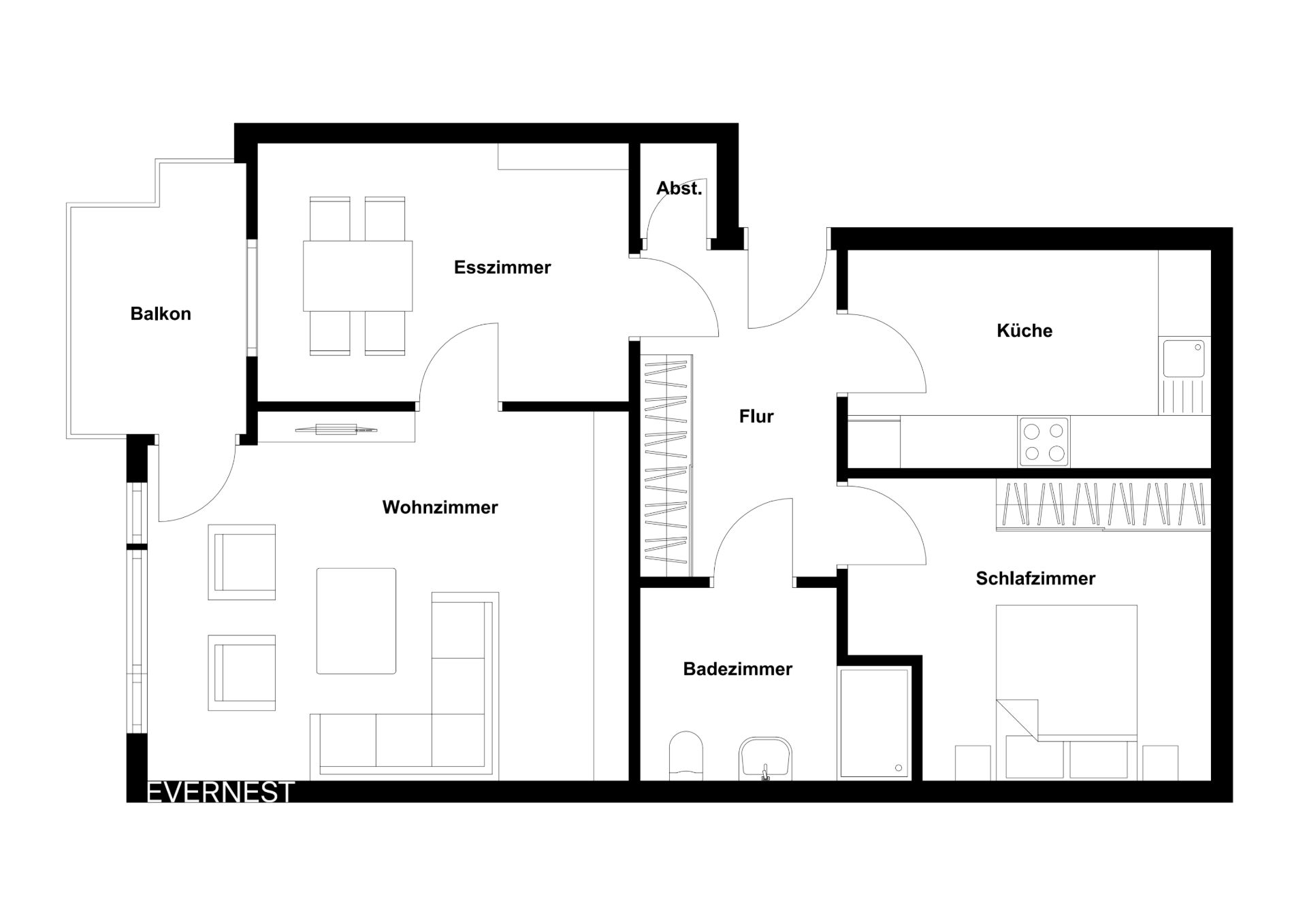 Grundriss einer Wohnung mit Wohnzimmer, Esszimmer, Schlafzimmer, Küche, Bad und Balkon.