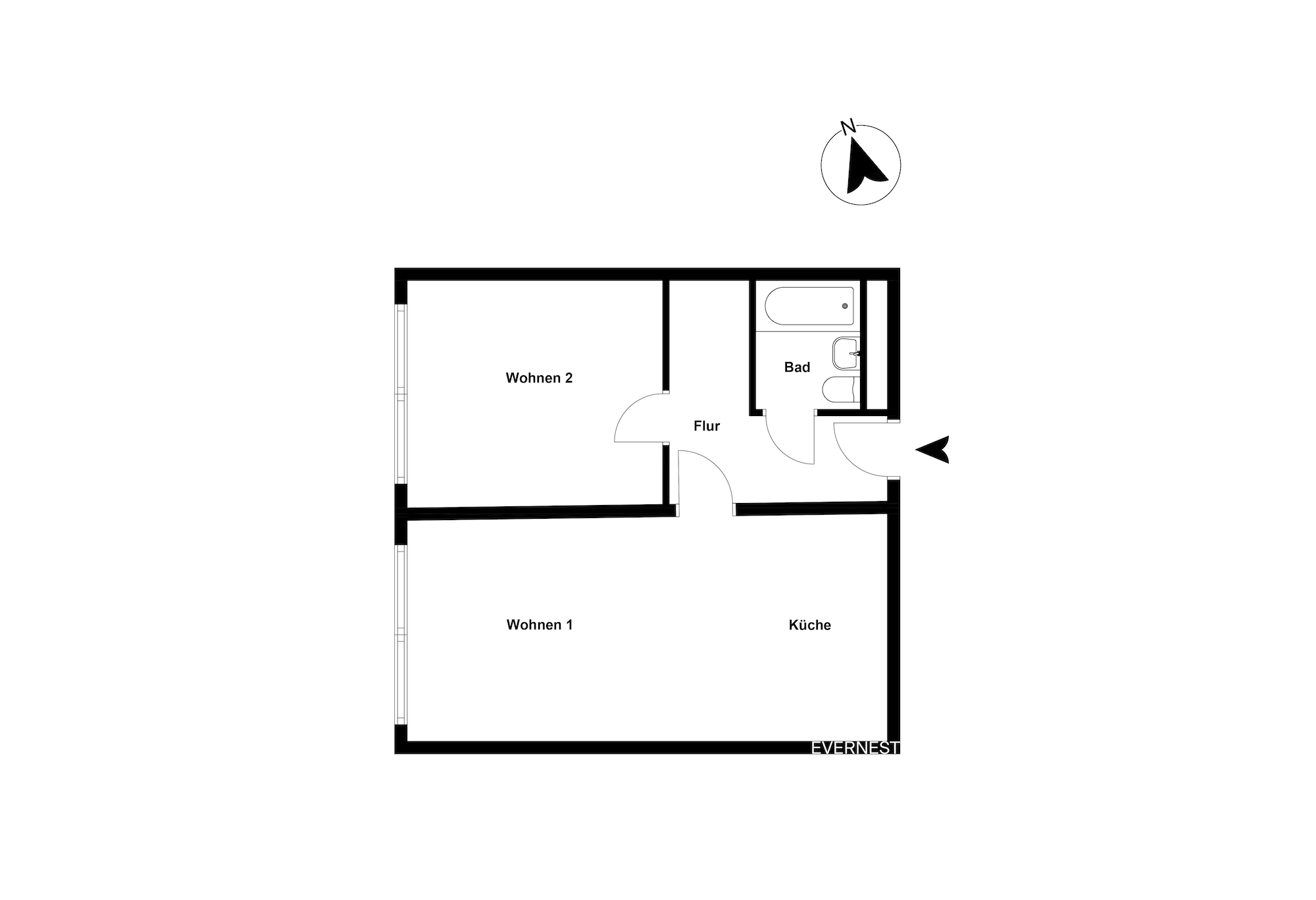 Grundriss mit zwei Wohnräumen, Küche, Bad und Flur.