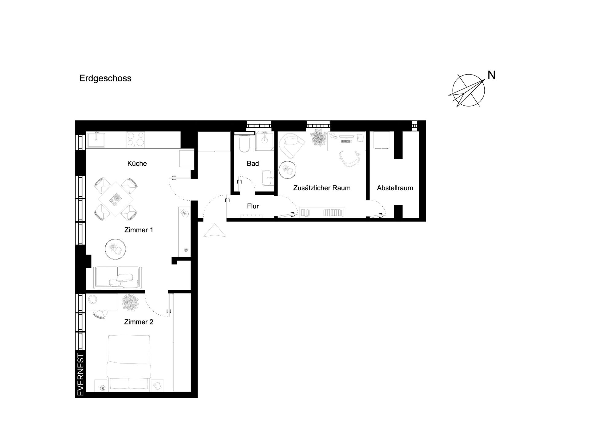 Grundriss einer Wohnung mit zwei Zimmern, Küche, Bad, Flur, zusätzlichem Raum und Abstellraum.