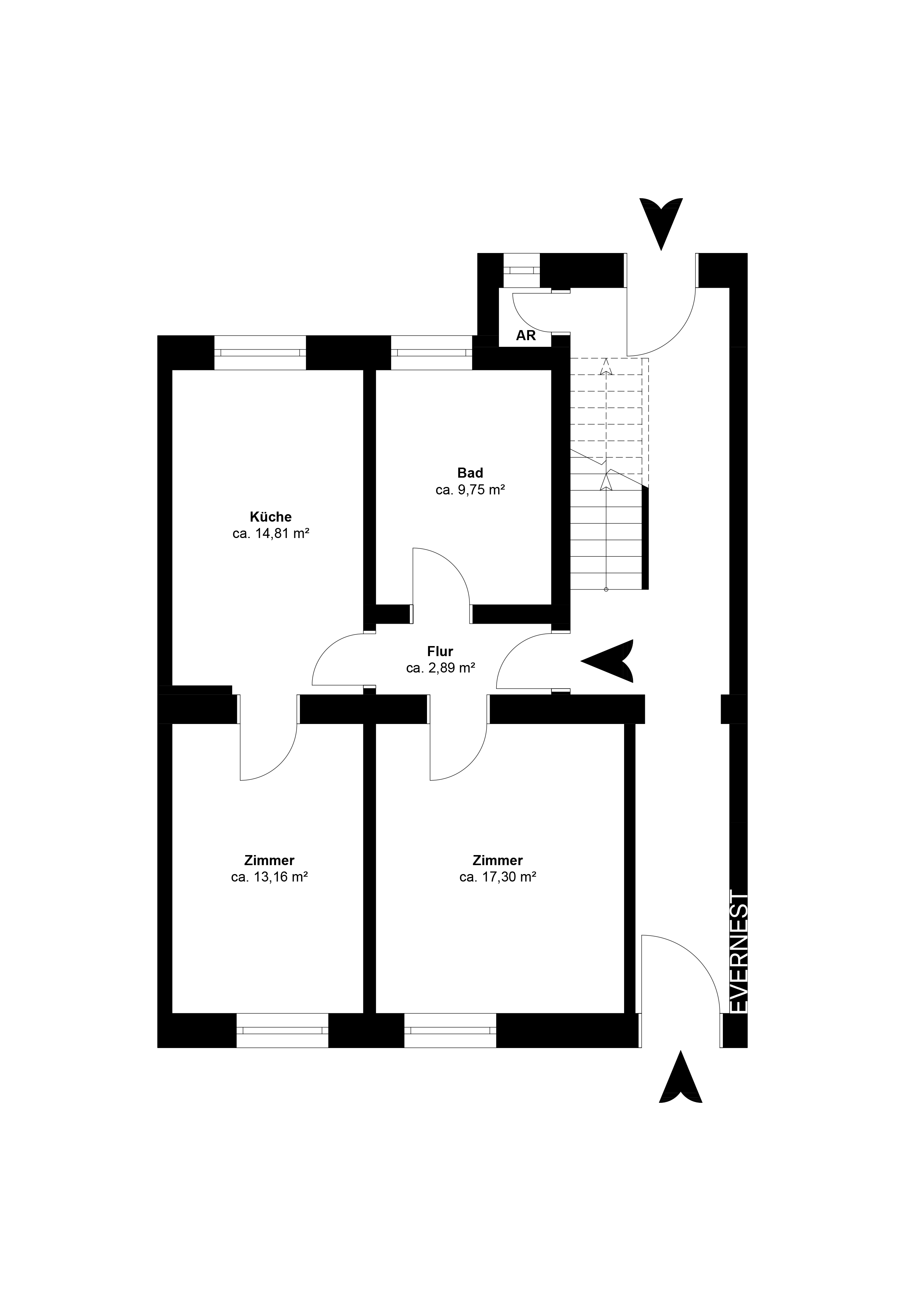 Grundriss mit Küche, Bad, Flur und zwei Zimmern, alle Räume beschriftet mit Quadratmeterangaben.