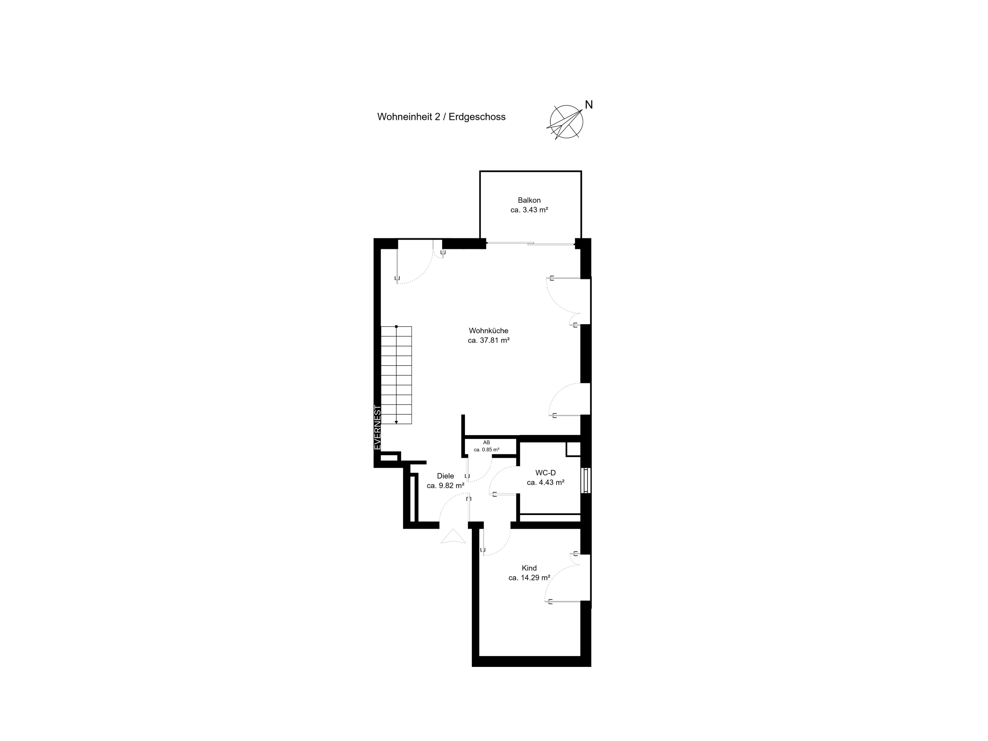 Grundriss einer Wohnung mit Wohnküche, Balkon, WC und Kinderzimmer.