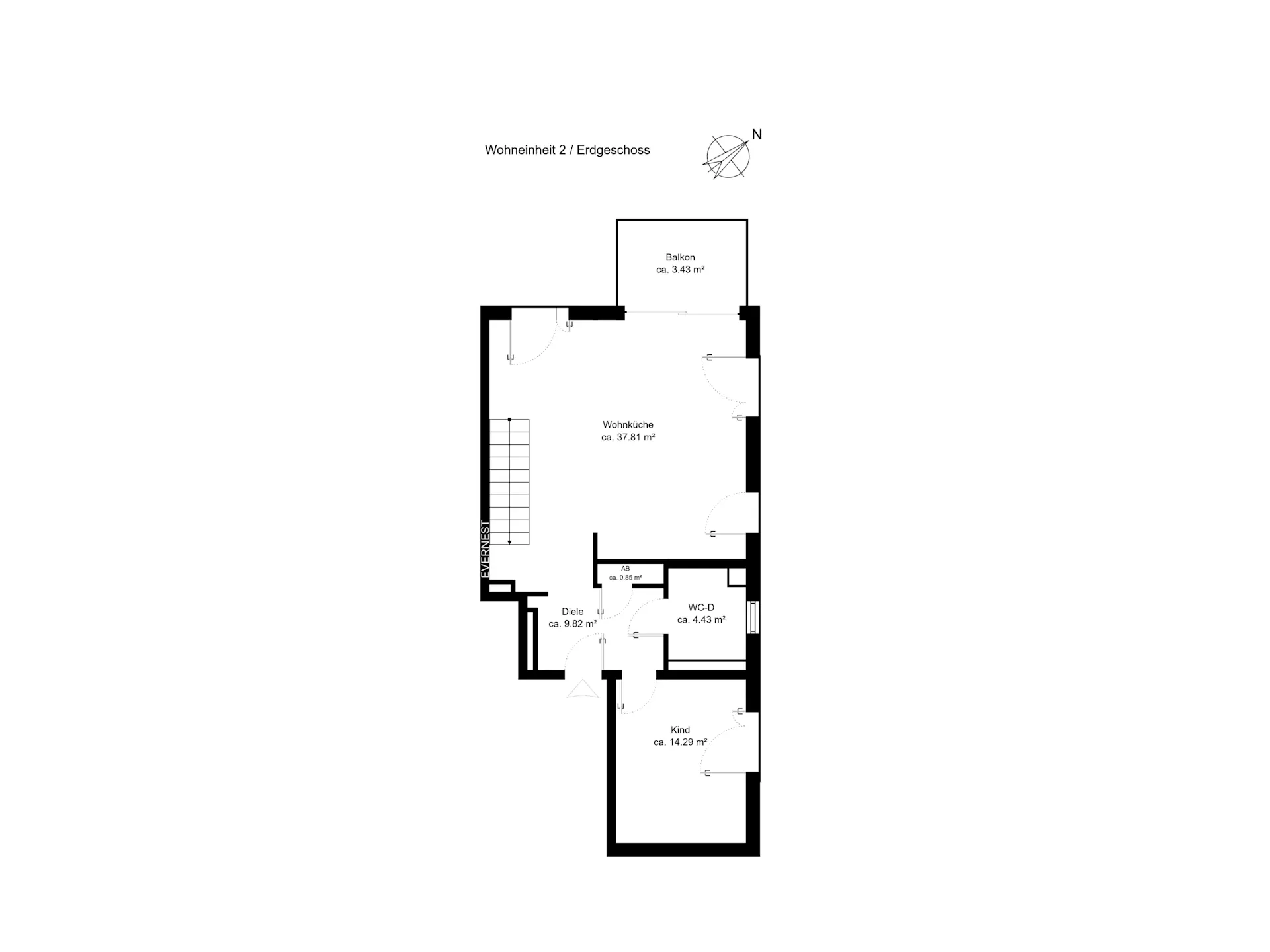 Grundriss einer Wohnung mit Wohnküche, Balkon, WC und Kinderzimmer.