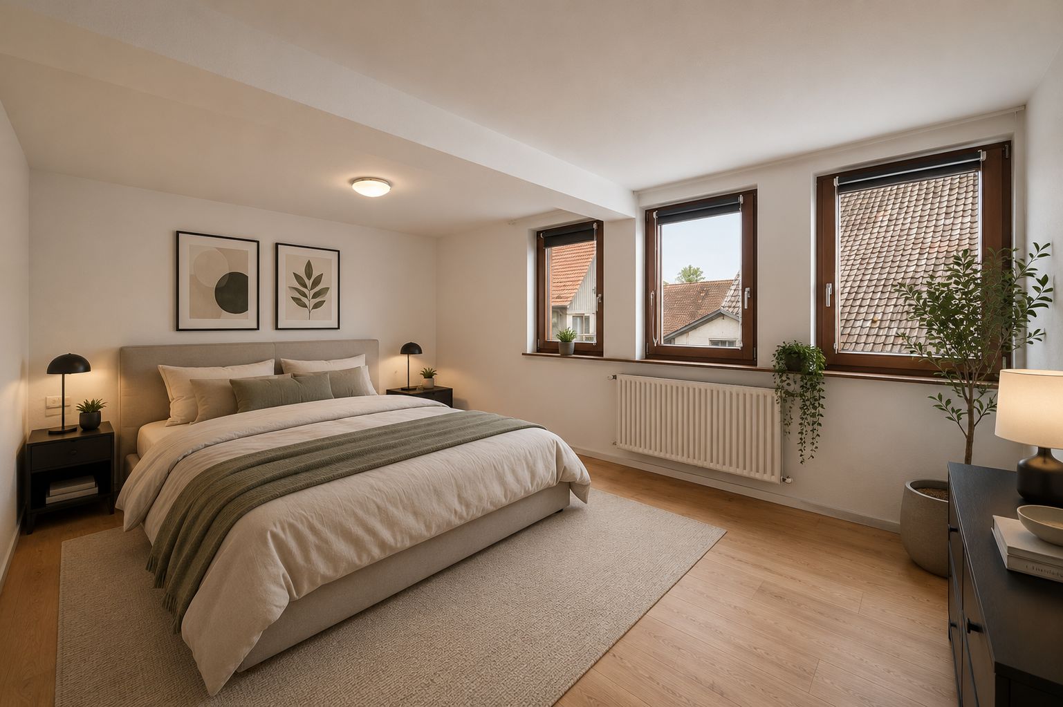 Helles Schlafzimmer mit großem Bett, drei Fenstern, Nachttischen und Pflanzen auf hellem Holzboden.