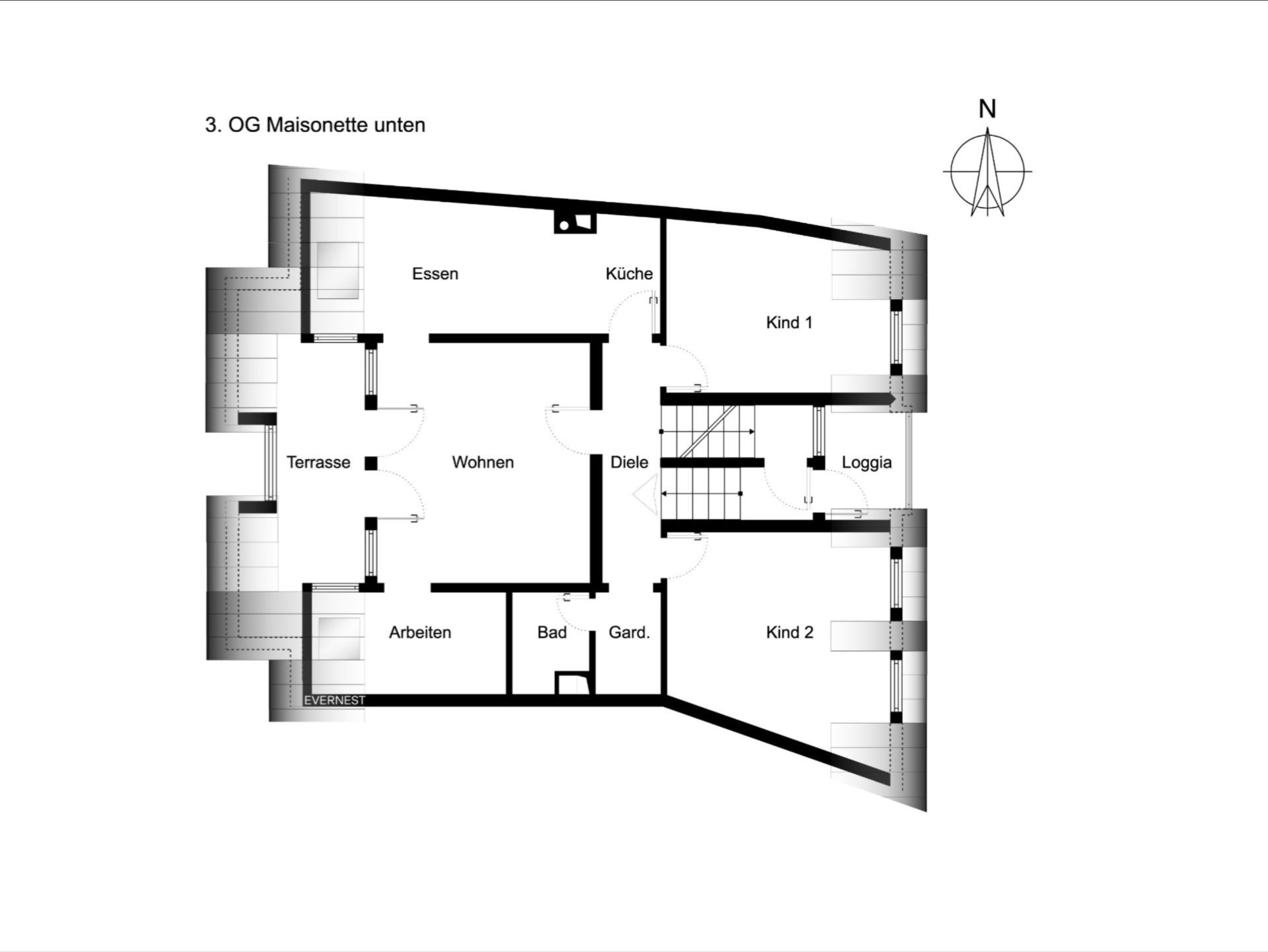 Grundriss einer Wohnung mit Wohn-, Ess-, Arbeitszimmer, Küche, Bad, zwei Kinderzimmern, Terrasse und Loggia.