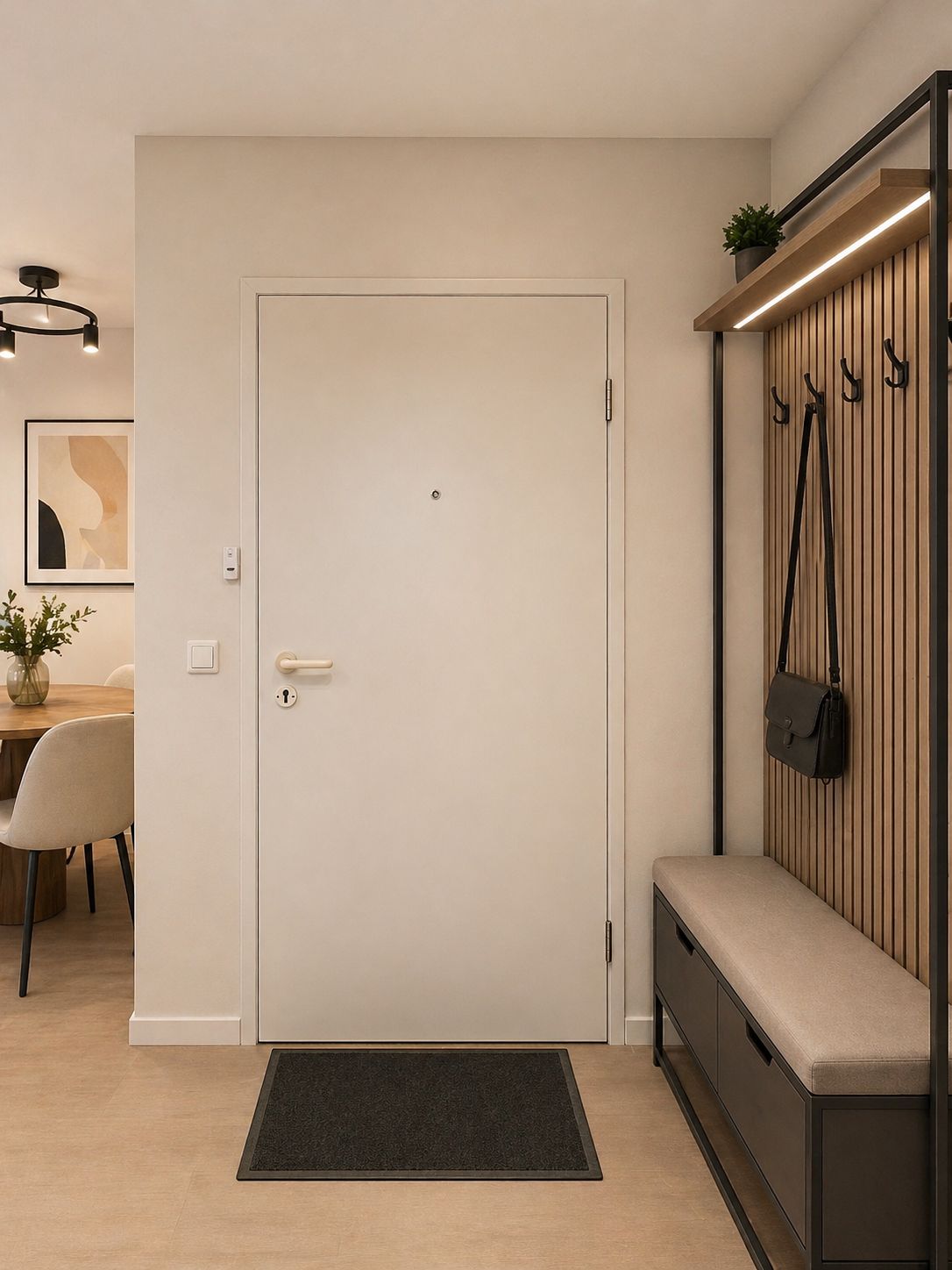 Eingangsbereich mit weißer Tür, Sitzbank, Garderobe und Haken, links ein Esstisch mit Stühlen.