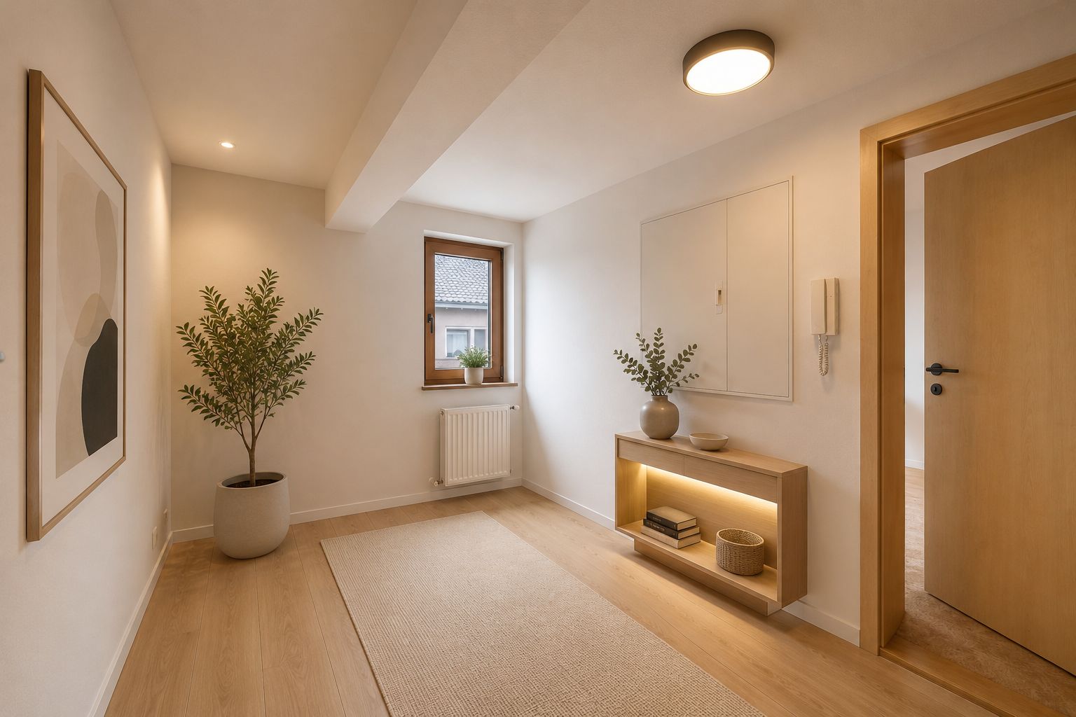 Heller Flur mit Holzfußboden, Pflanzen, Wandbild, Fenster und offener Tür.