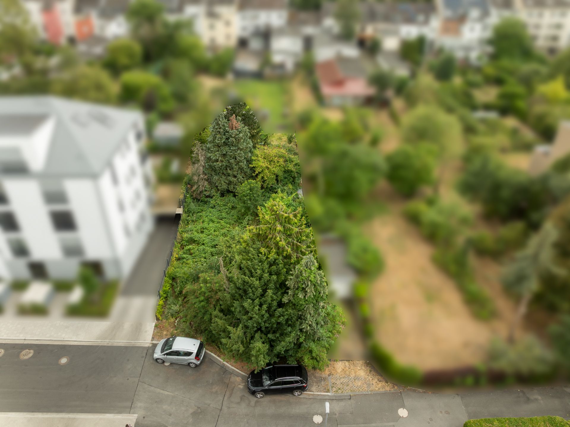 Luftbild eines schmalen, bewachsenen Grundstücks mit zwei geparkten Autos an der Straße.