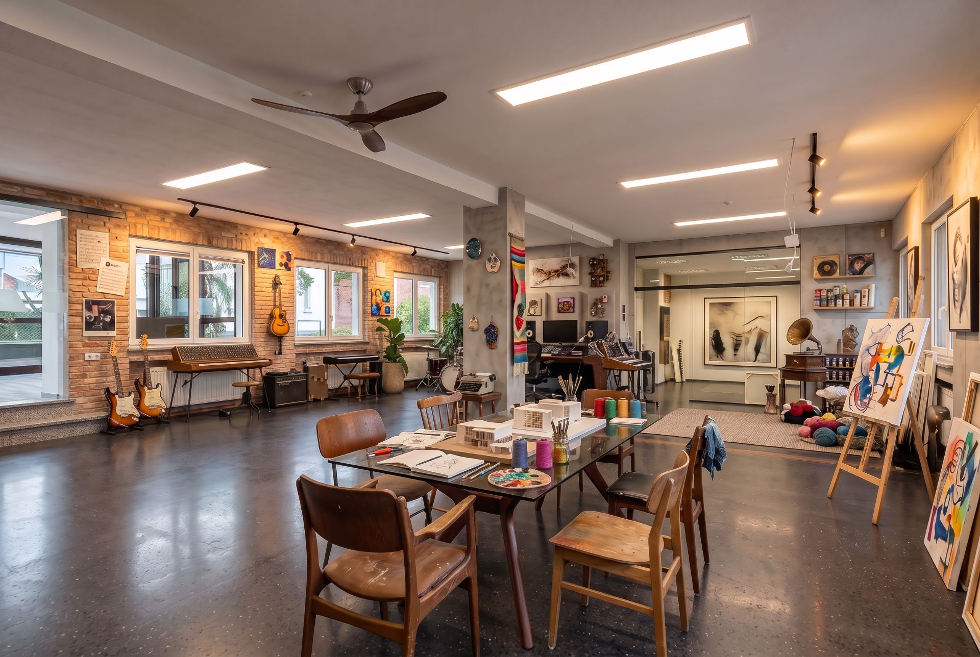 Großes, helles Atelier mit Tischen, Stühlen, Musikinstrumenten und Kunstwerken an den Wänden.