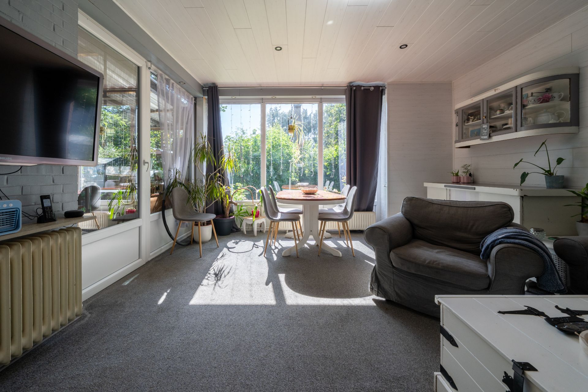Helles Wohnzimmer mit großen Fenstern, Esstisch, grauem Sessel und mehreren Zimmerpflanzen.