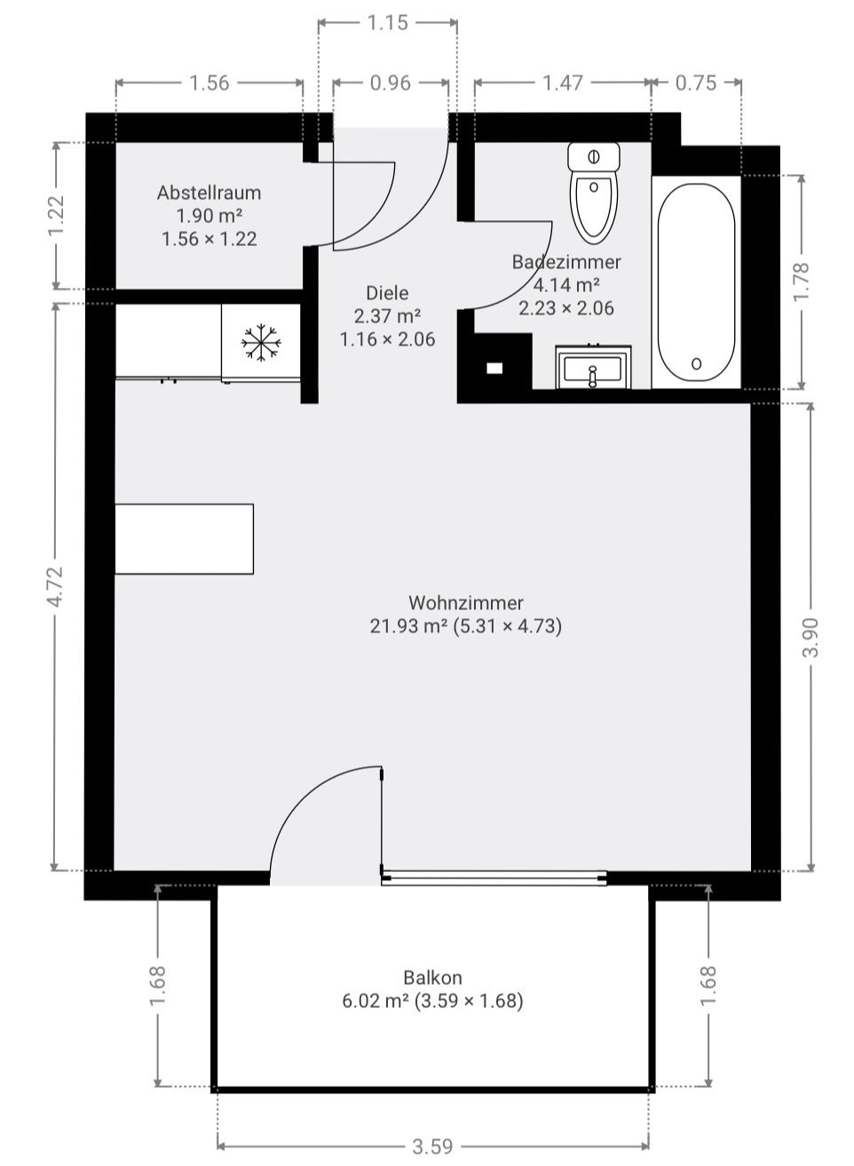 Grundriss einer Wohnung mit Wohnzimmer, Bad, Abstellraum, Diele und Balkon.