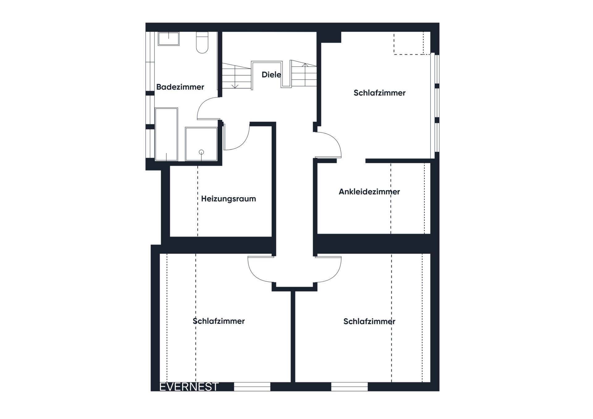 Grundriss mit drei Schlafzimmern, Ankleidezimmer, Badezimmer, Heizungsraum und Diele.