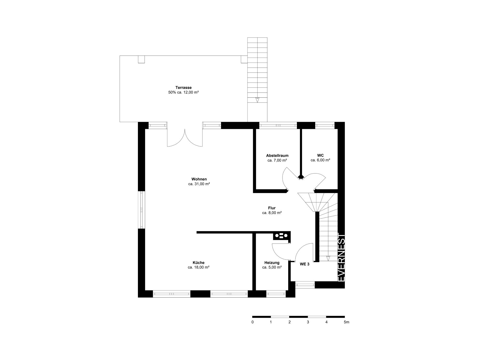 Grundriss mit Küche, Wohnzimmer, WC, Abstellraum, Flur, Heizungsraum und Terrasse.