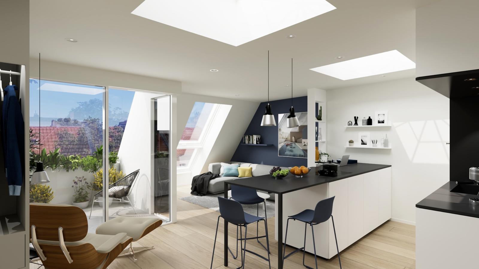 Moderne Wohnküche mit Kochinsel, Essbereich, Sofa und Zugang zu Balkon mit Pflanzen.