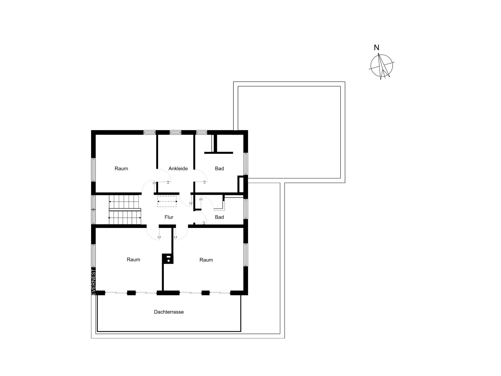 Grundriss mit mehreren Räumen, zwei Bädern, Ankleide, Flur und großer Dachterrasse.