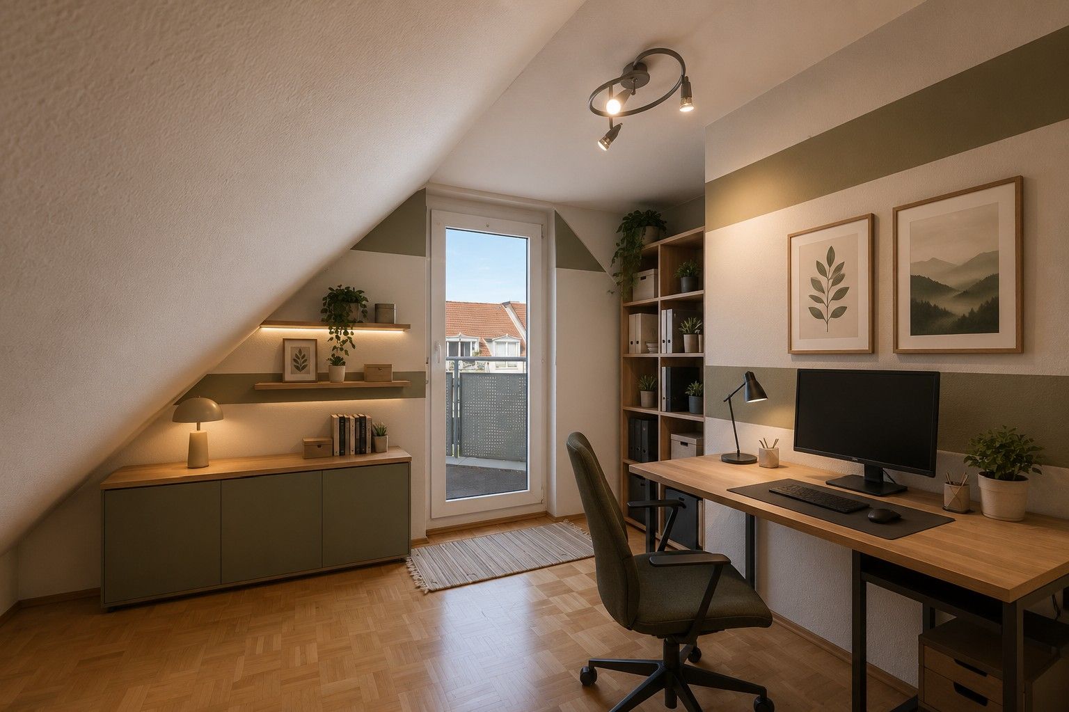 Modernes Arbeitszimmer mit Schreibtisch, Computer, Regal, Wandbildern und großer Fenster­tür zum Balkon.