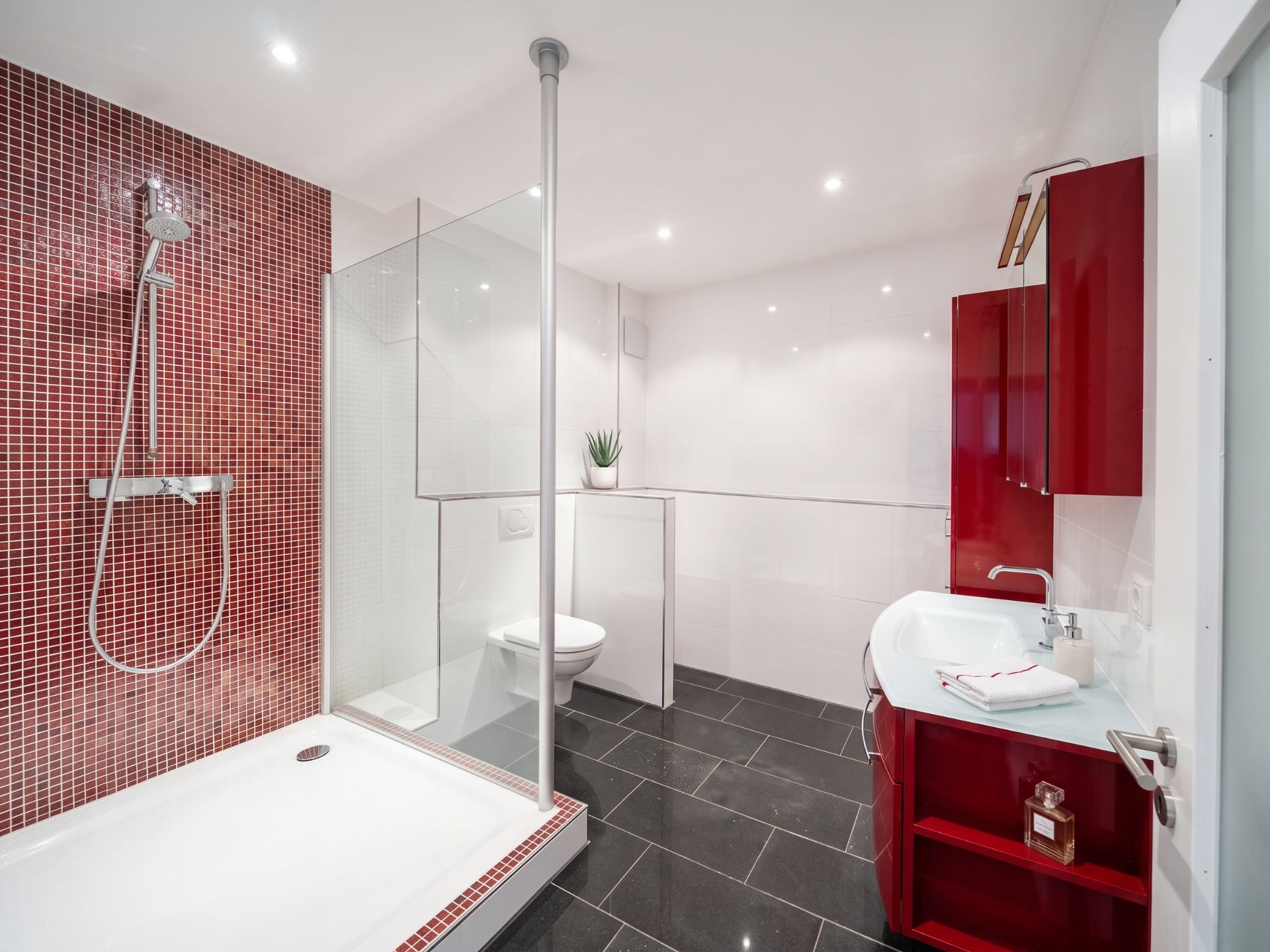 Modernes Badezimmer mit roter Dusche, Waschtisch, WC und dunklen Fliesen.