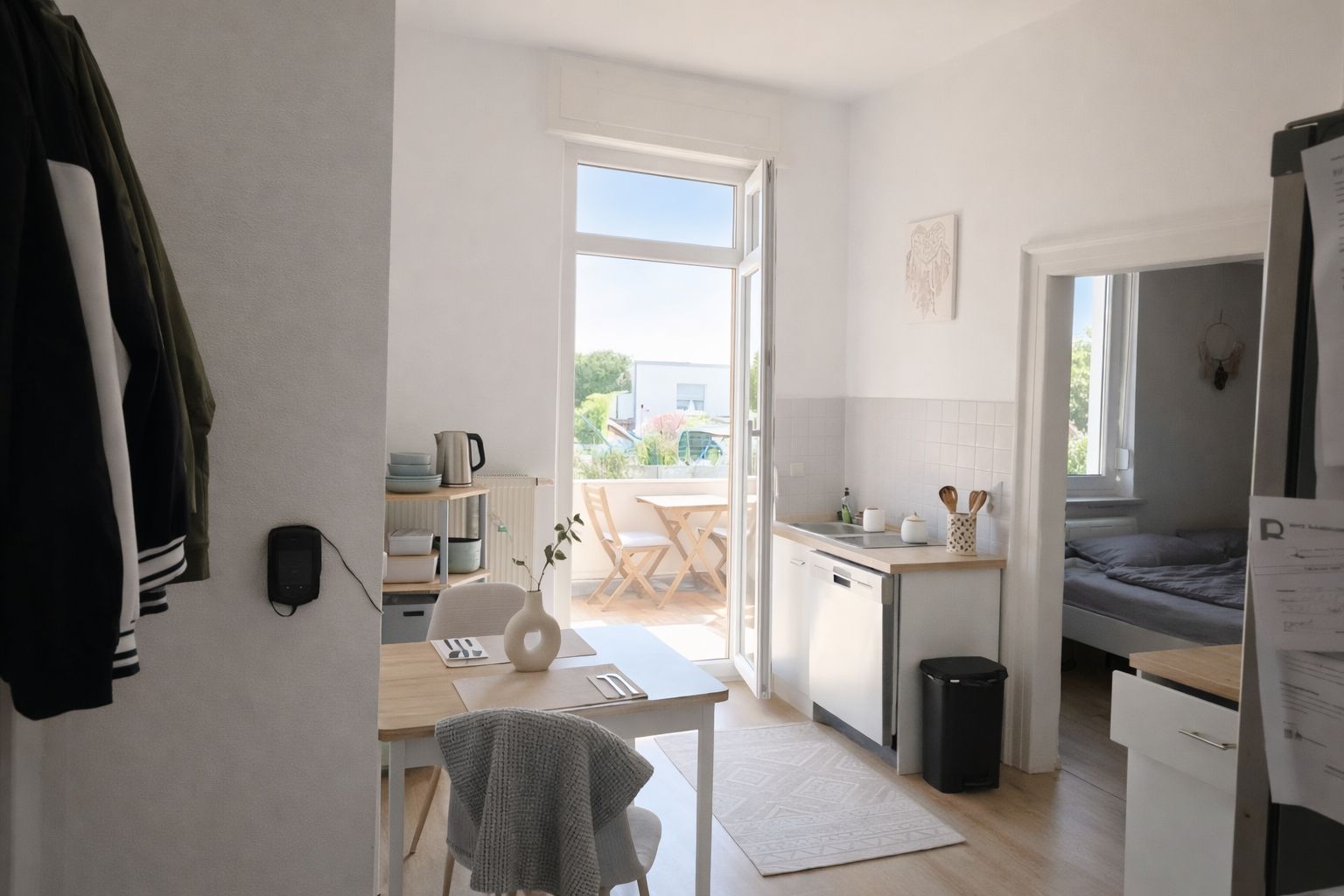 Heller Essbereich mit Tisch, Stühlen, Zugang zum Balkon und Blick ins Schlafzimmer.