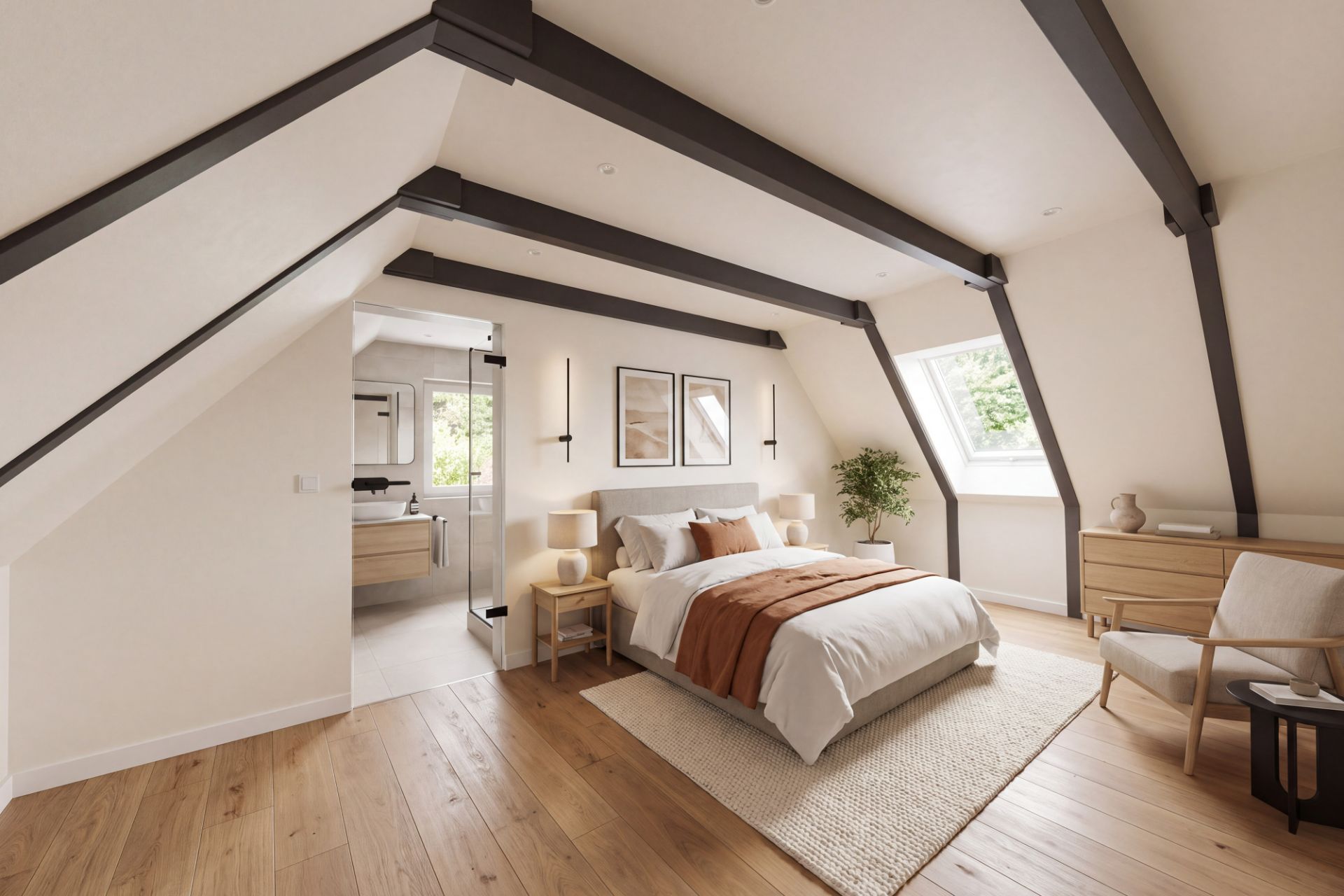 Helles Schlafzimmer mit Holzboden, Doppelbett, Dachschrägen und Zugang zu einem modernen Bad.