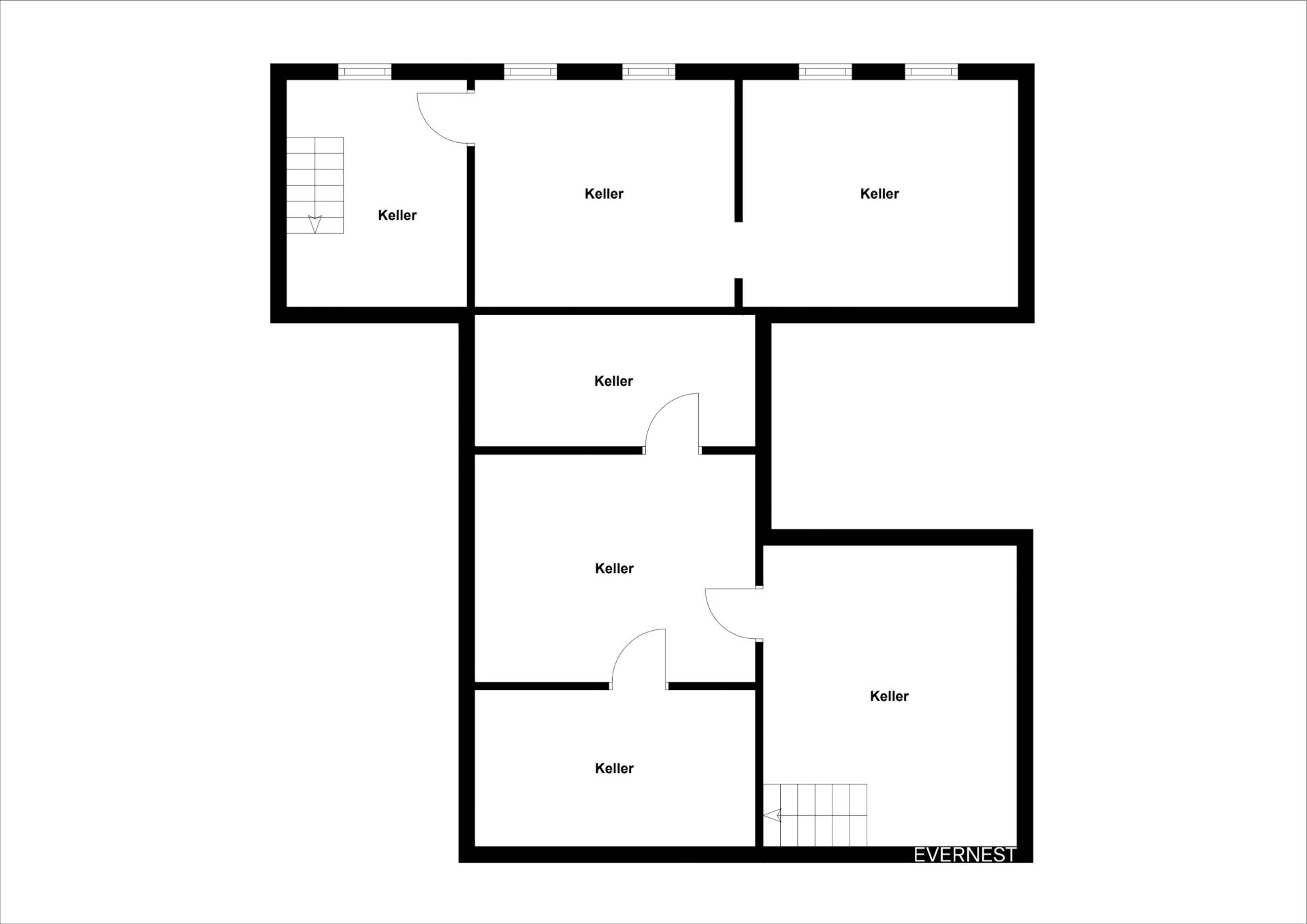 Grundriss eines Kellers mit mehreren separaten Kellerräumen und Treppenhaus.