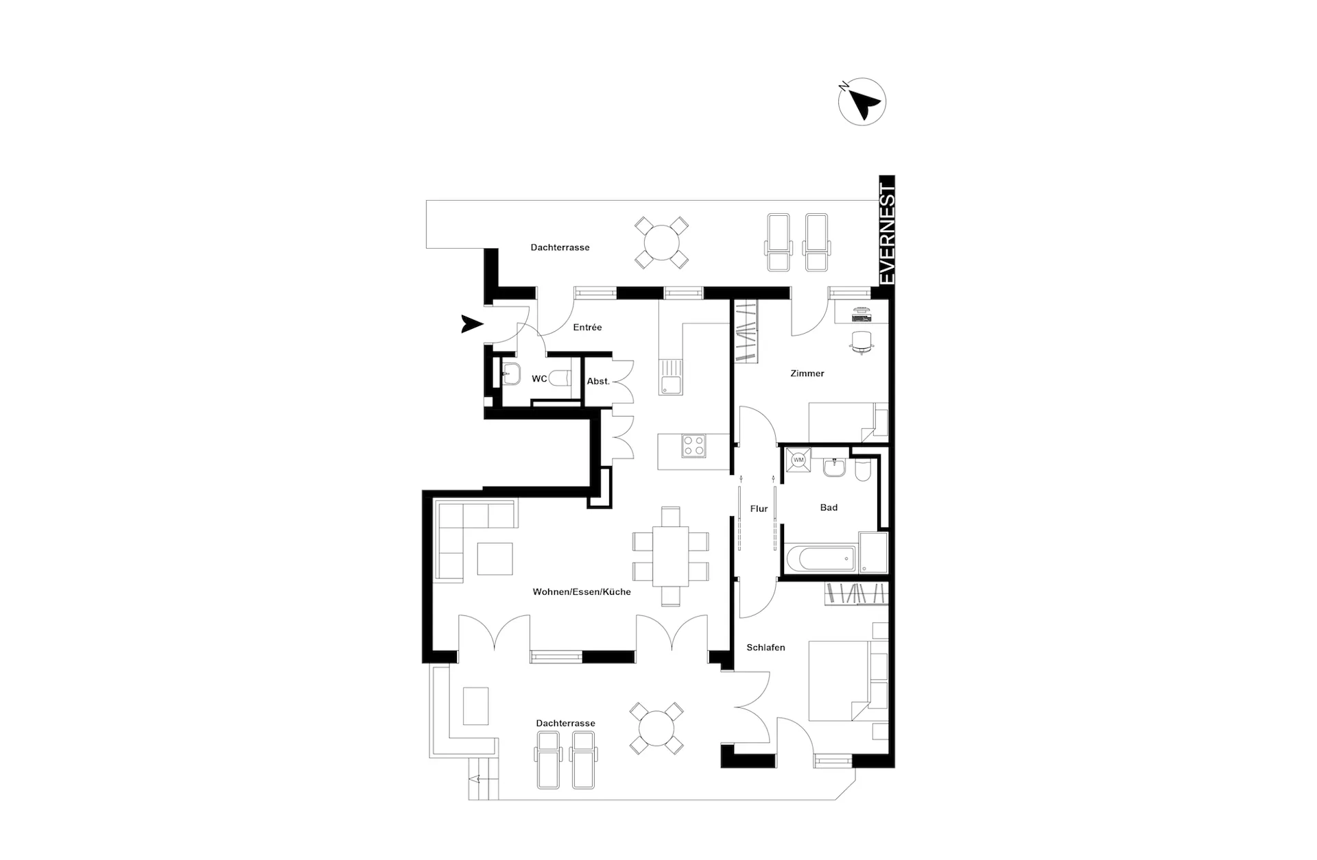 Grundriss einer Wohnung mit zwei Dachterrassen, Wohnzimmer, Küche, Bad und zwei Schlafzimmern.