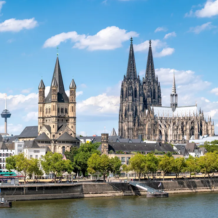 Stadtansicht mit Fluss, Bäumen und zwei großen Kirchen im Hintergrund bei Tageslicht.