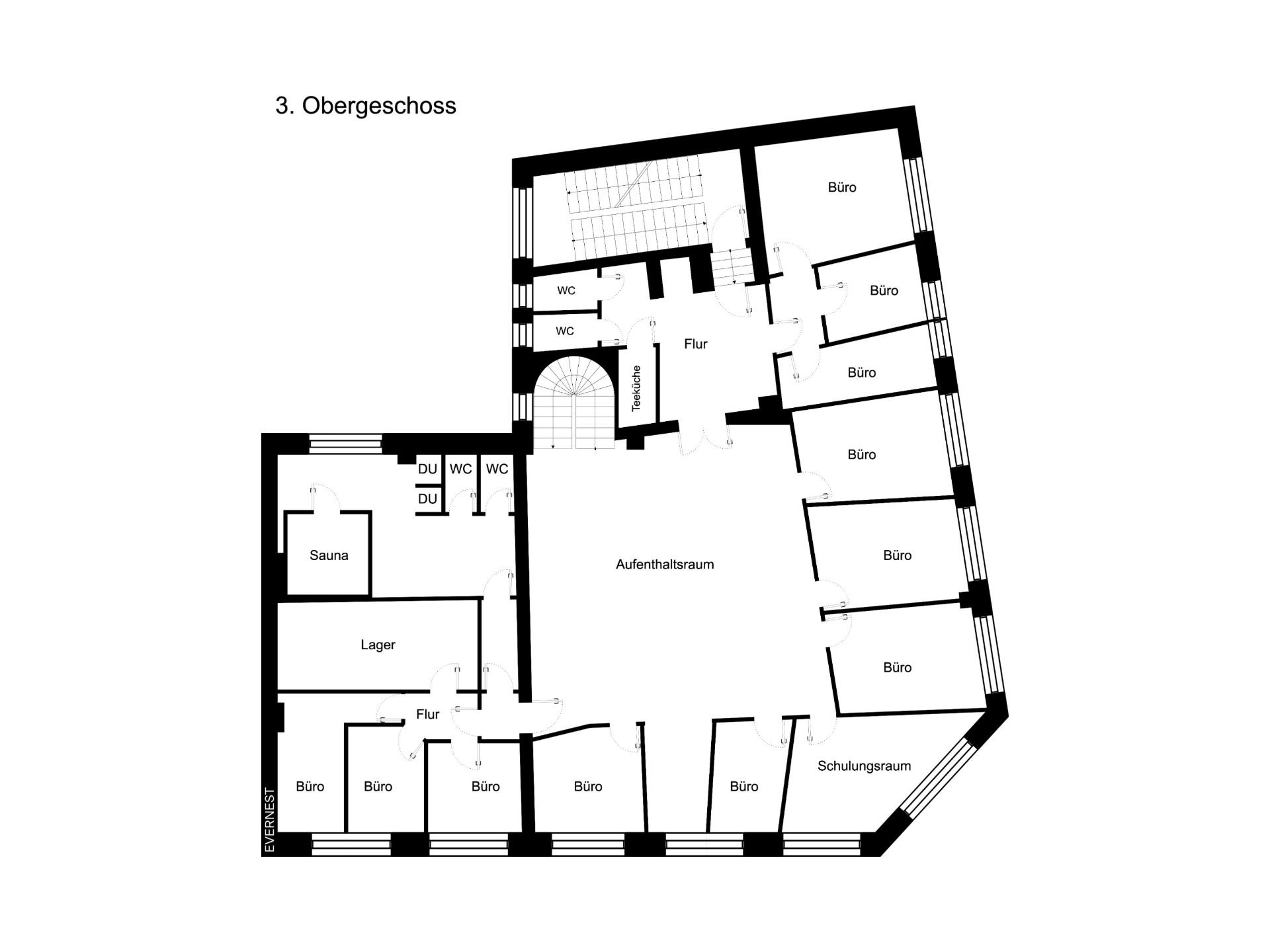 Grundriss des dritten Obergeschosses mit Büros, Aufenthaltsraum, Sauna, Lager und mehreren WCs.