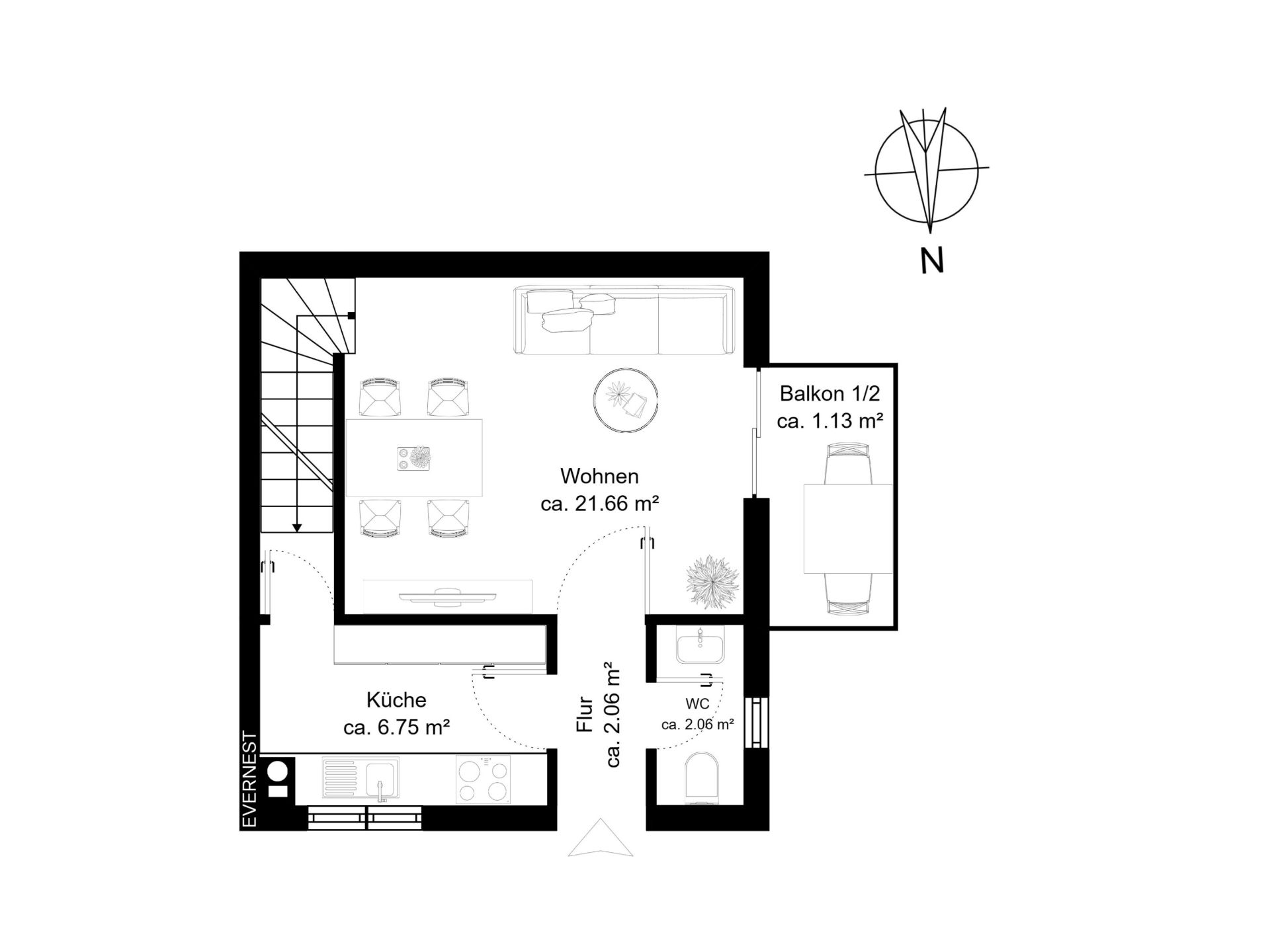 Grundriss mit Wohnraum, Küche, WC, Flur und kleinem Balkon.