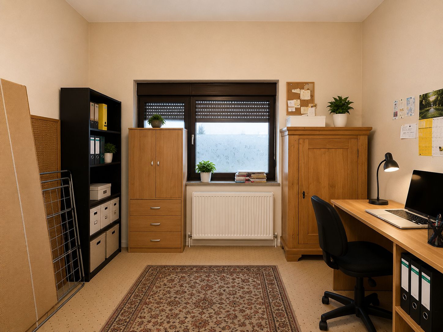 Arbeitszimmer mit Schreibtisch, Regalen, Schrank, Fenster und Teppich.