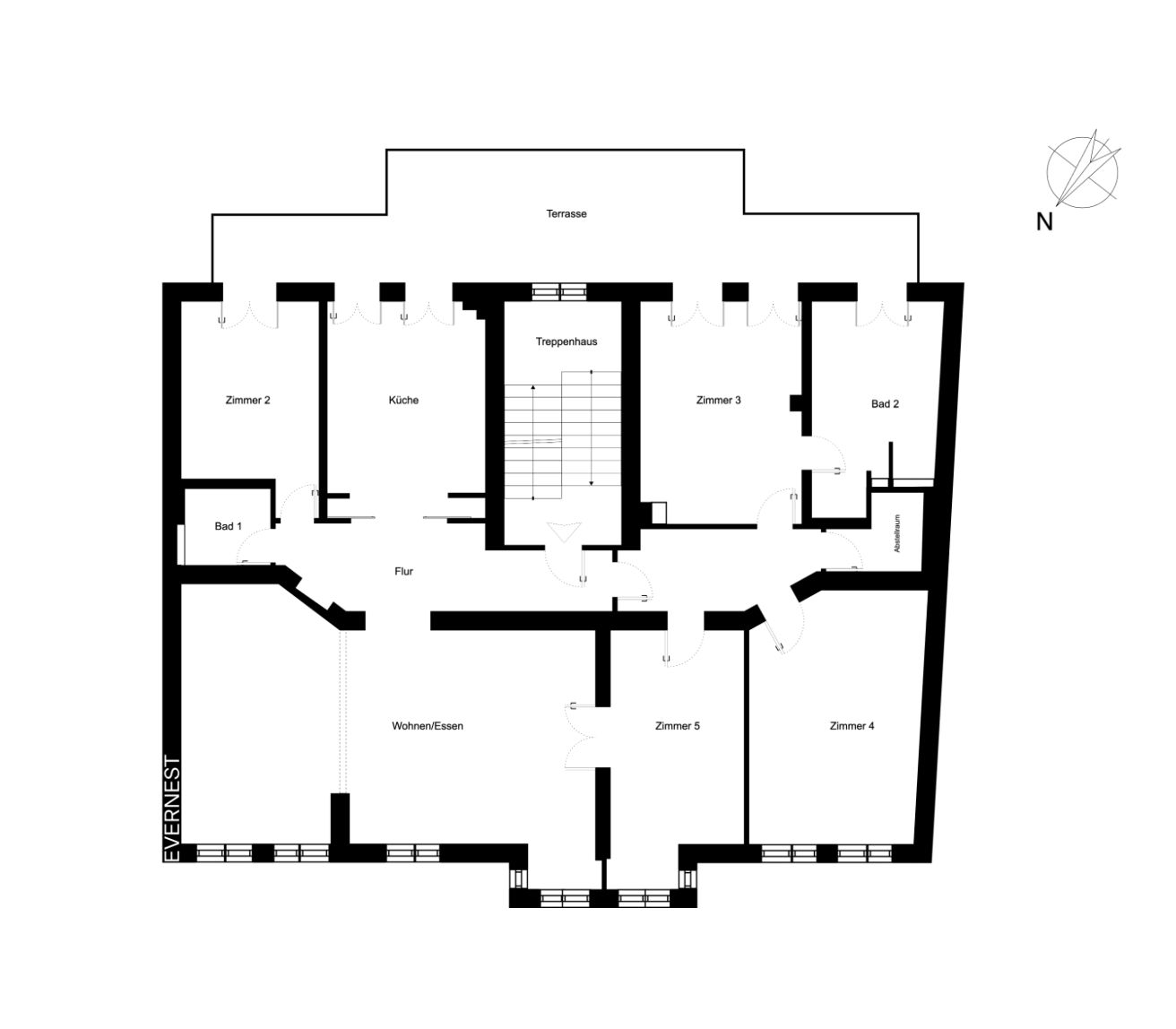 Grundriss einer Wohnung mit fünf Zimmern, zwei Bädern, Küche, Flur, Wohnzimmer und Terrasse.