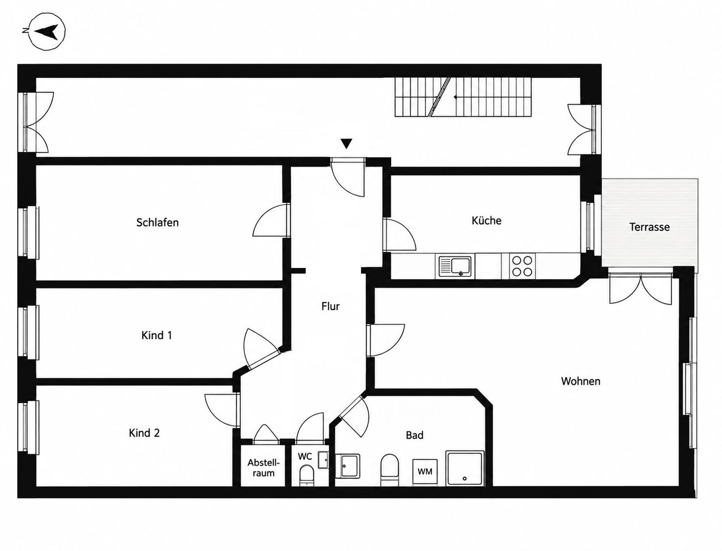 Grundriss einer Wohnung mit drei Schlafzimmern, Küche, Bad, Abstellraum, WC, Wohnzimmer und Terrasse.