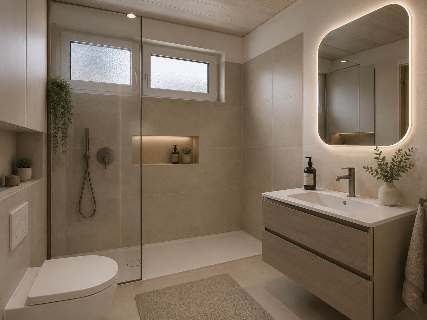 Modernes Badezimmer mit begehbarer Dusche, WC und beleuchtetem Spiegel über dem Waschbecken.