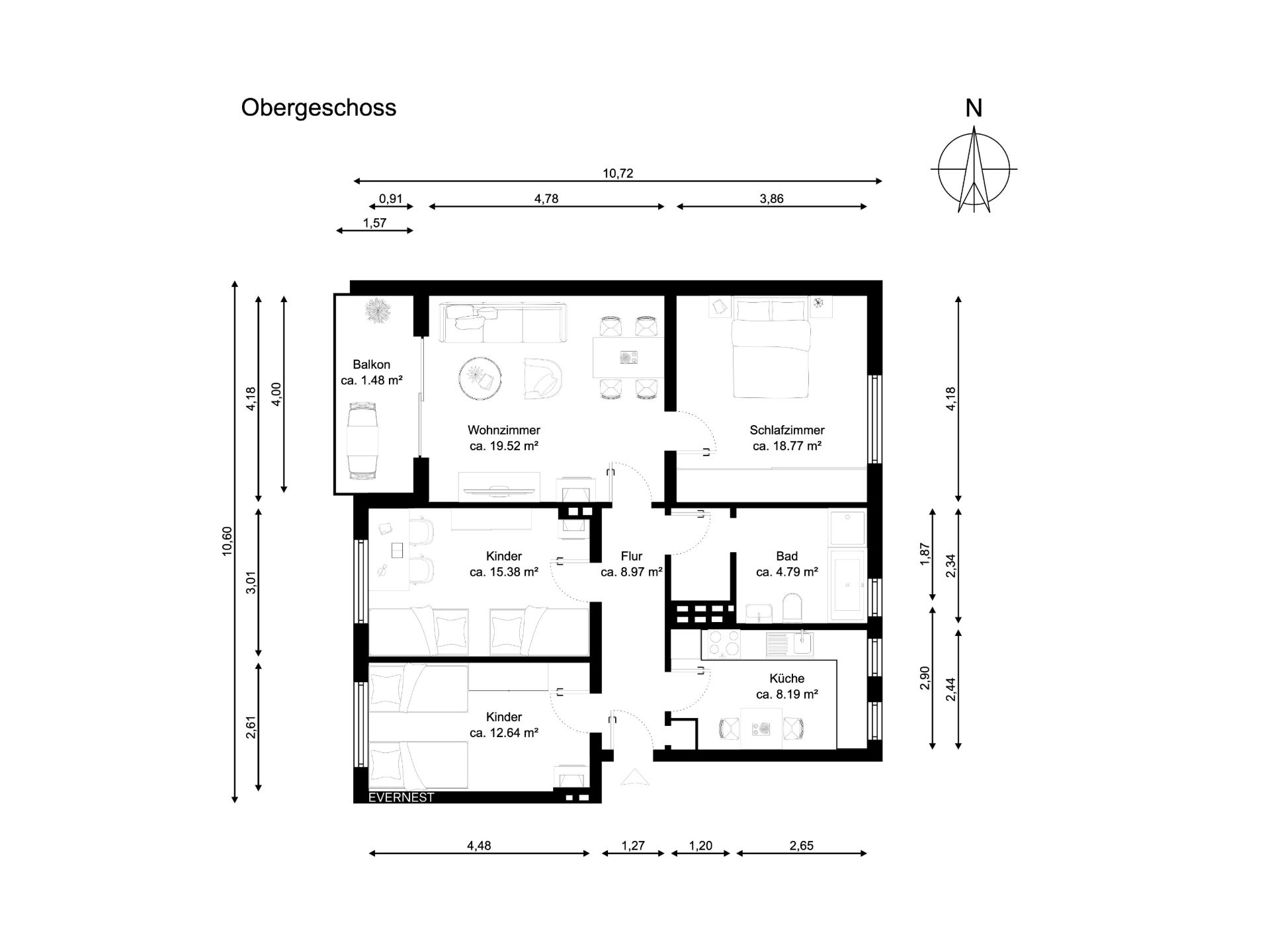 Grundriss einer Wohnung mit Wohnzimmer, Schlafzimmer, zwei Kinderzimmern, Küche, Bad und Balkon.