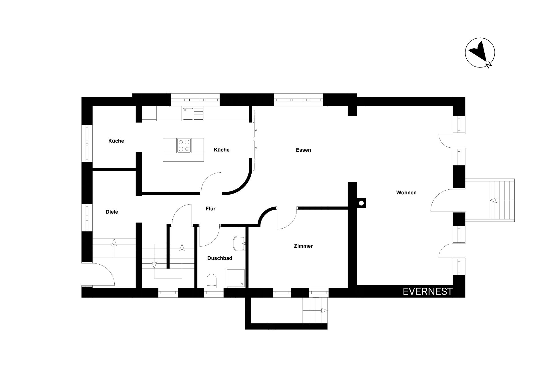 Grundriss mit Küche, Essbereich, Wohnzimmer, Diele, Flur, Duschbad und Zimmer.