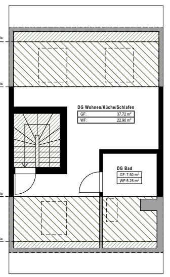 Grundriss einer Wohnung mit Wohnbereich, Bad und Treppenaufgang.