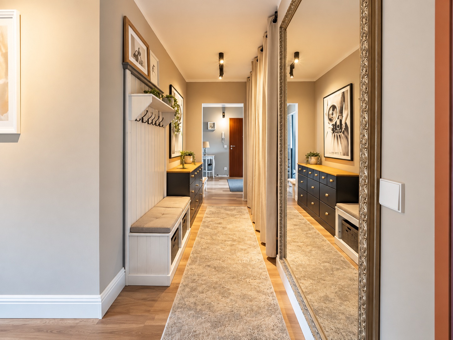 Heller Flur mit Teppich, Sitzbank, Garderobe, Kommode und großem Wandspiegel.